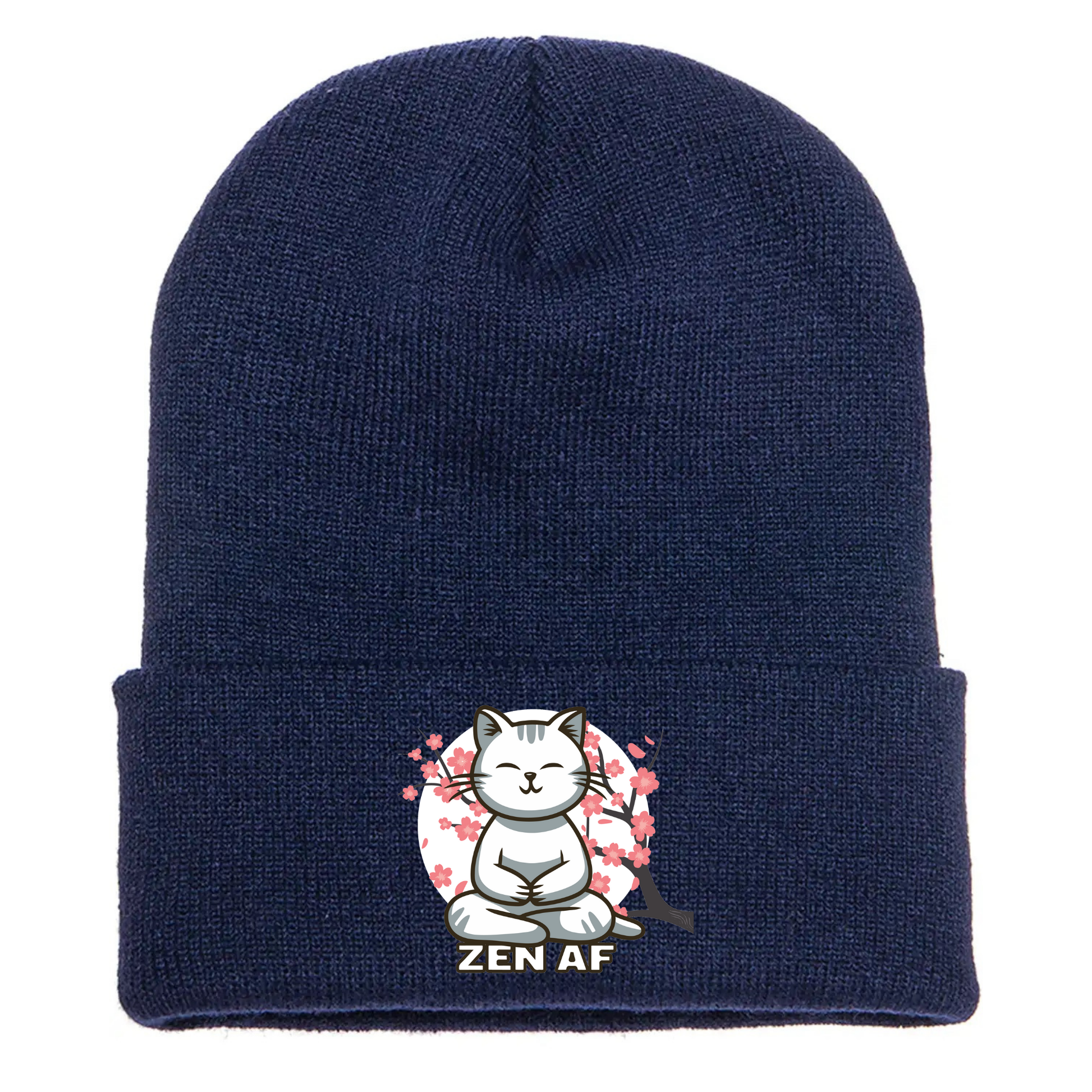 Navy cuffed beanie made of acrylic material with a meditating cartoon cat with cherry blossoms and the phrase “ZEN AF” below