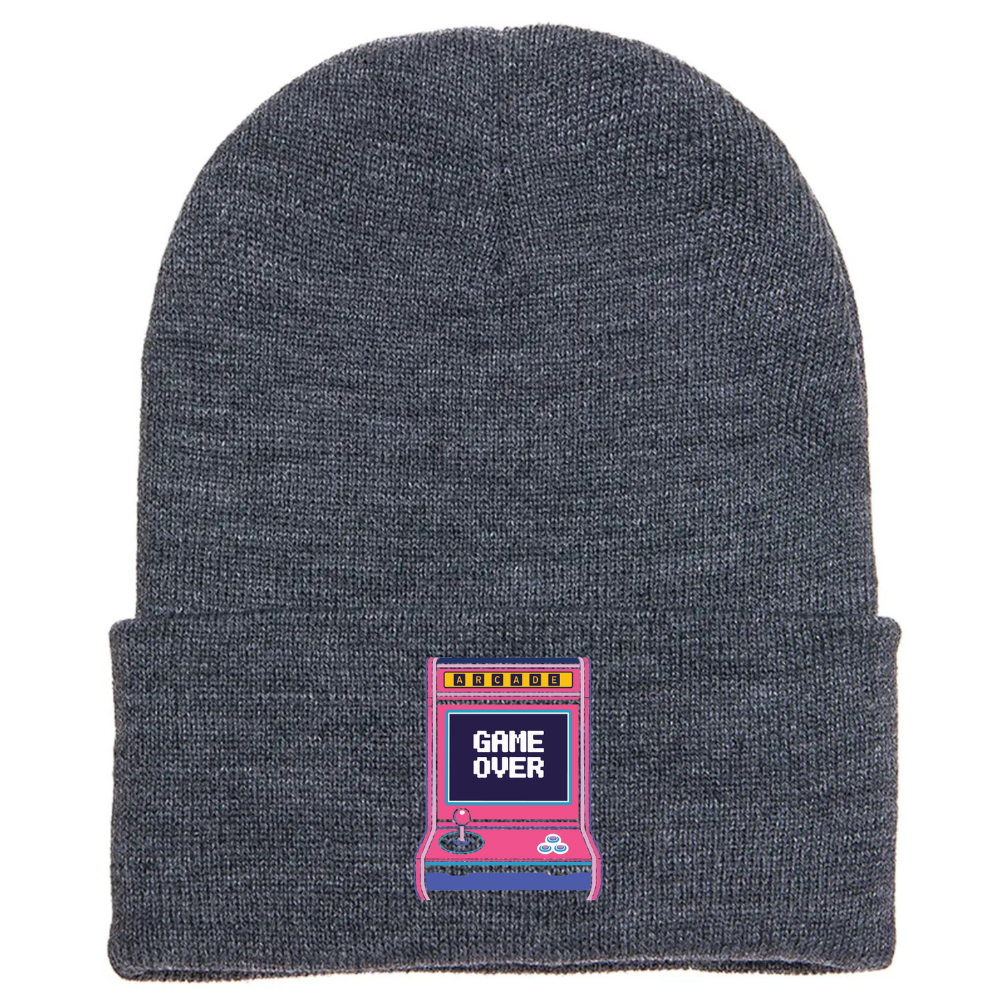 Gray cuffed beanie made of acrylic material with a retro arcade game console with the phrase “Game Over” on the screen.