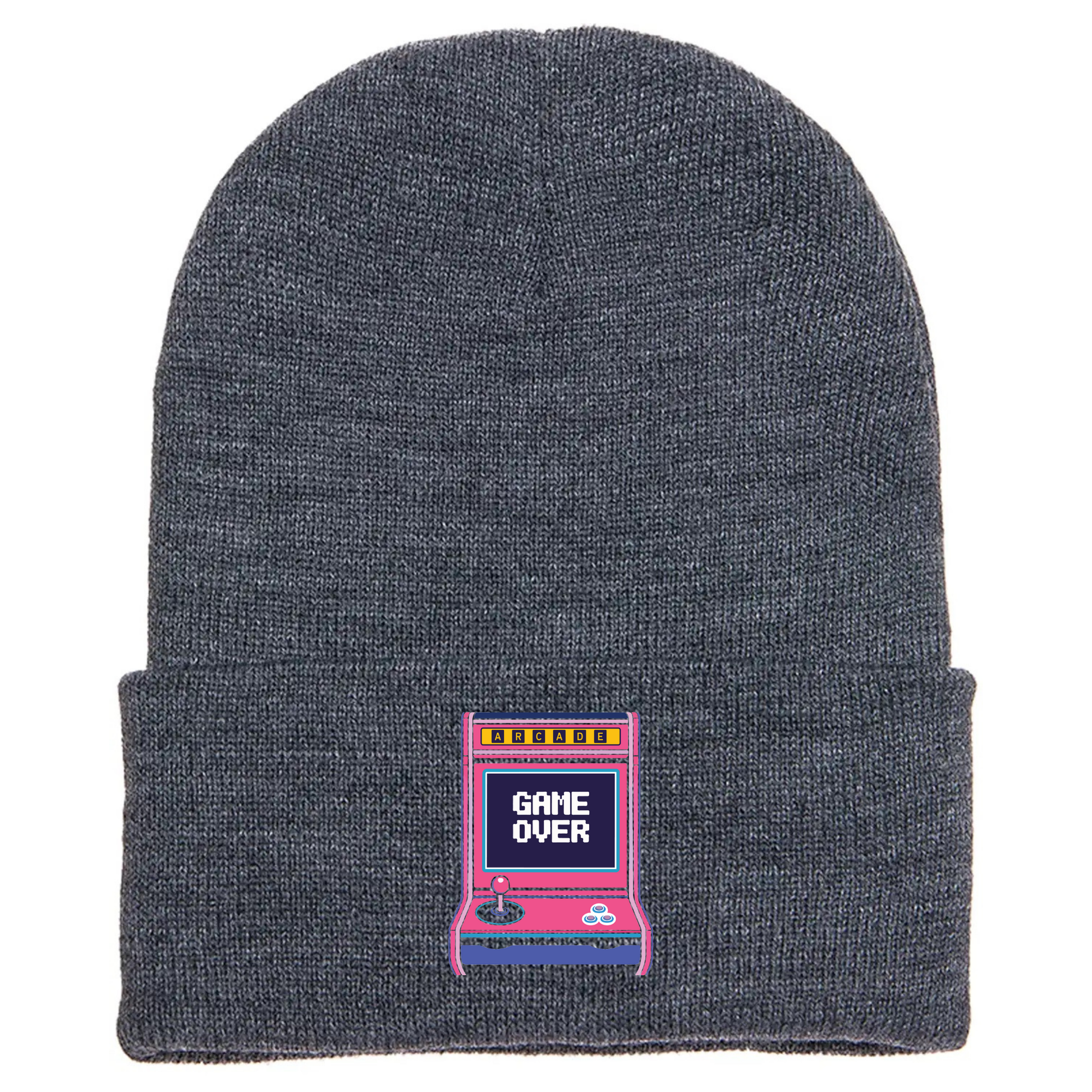 Gray cuffed beanie made of acrylic material with a retro arcade game console with the phrase “Game Over” on the screen.