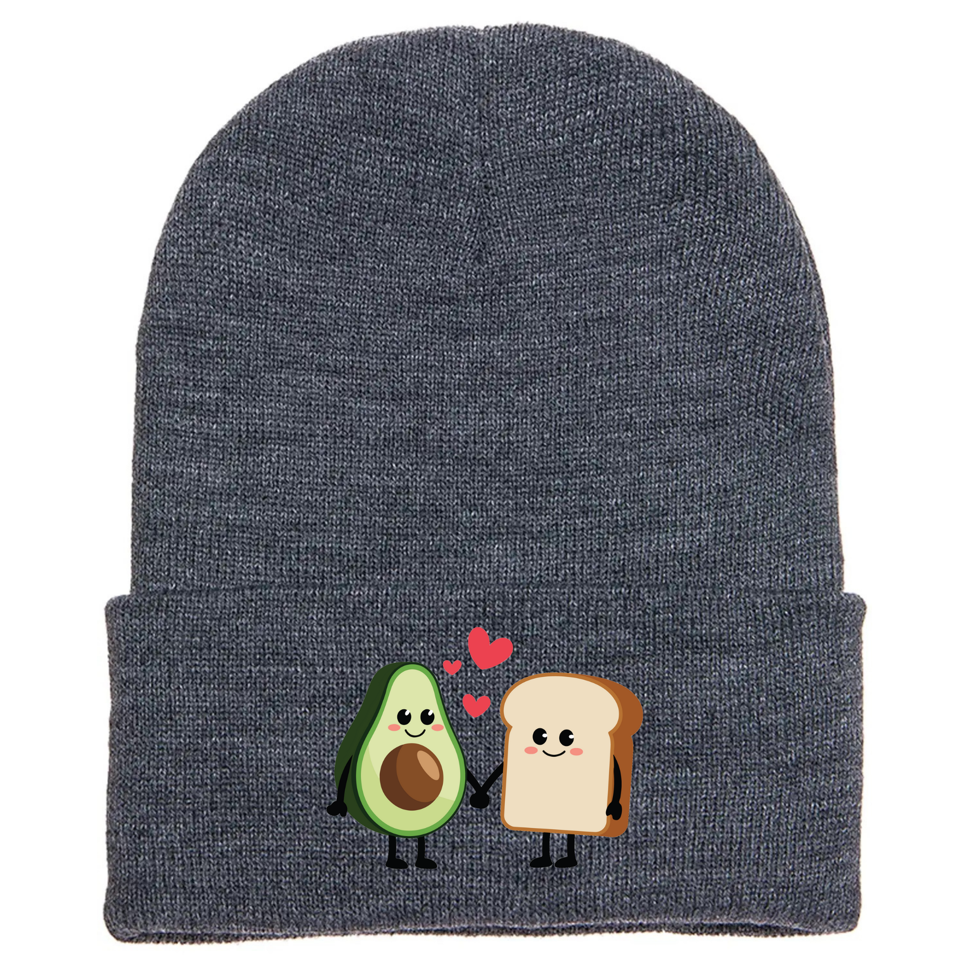Gray acrylic beanie with cartoon avocado toast characters holding hands, smiling, with red hearts floating above them.