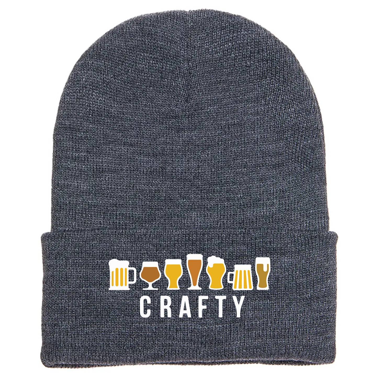 Gray acrylic beanie with seven cartoon beer glasses above the word “CRAFTY” in bold white text.