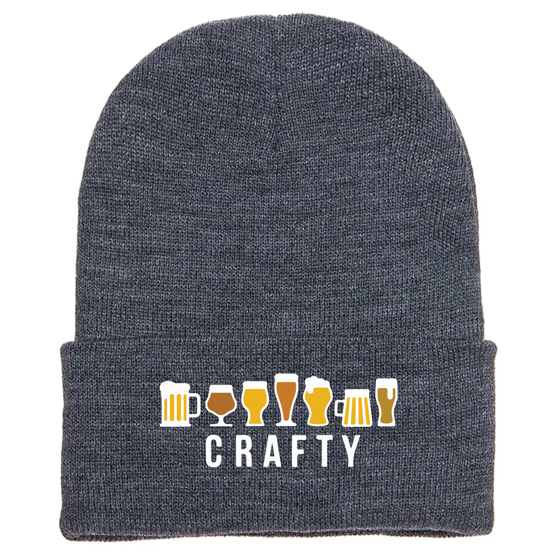 Gray acrylic beanie with seven cartoon beer glasses above the word “CRAFTY” in bold white text.