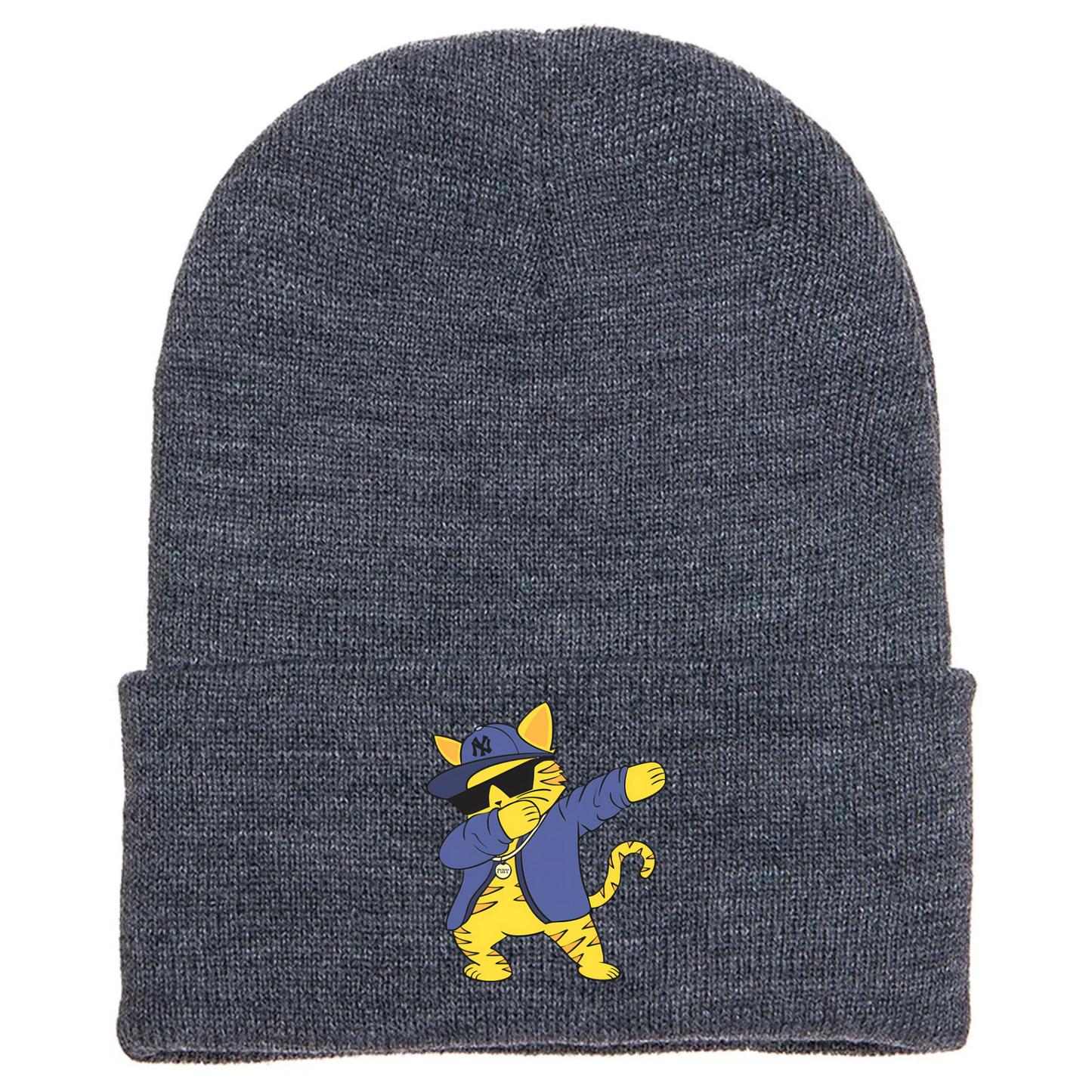 Gray cuffed beanie made of acrylic material with a cartoon cat dabb dancing in streetwear style.