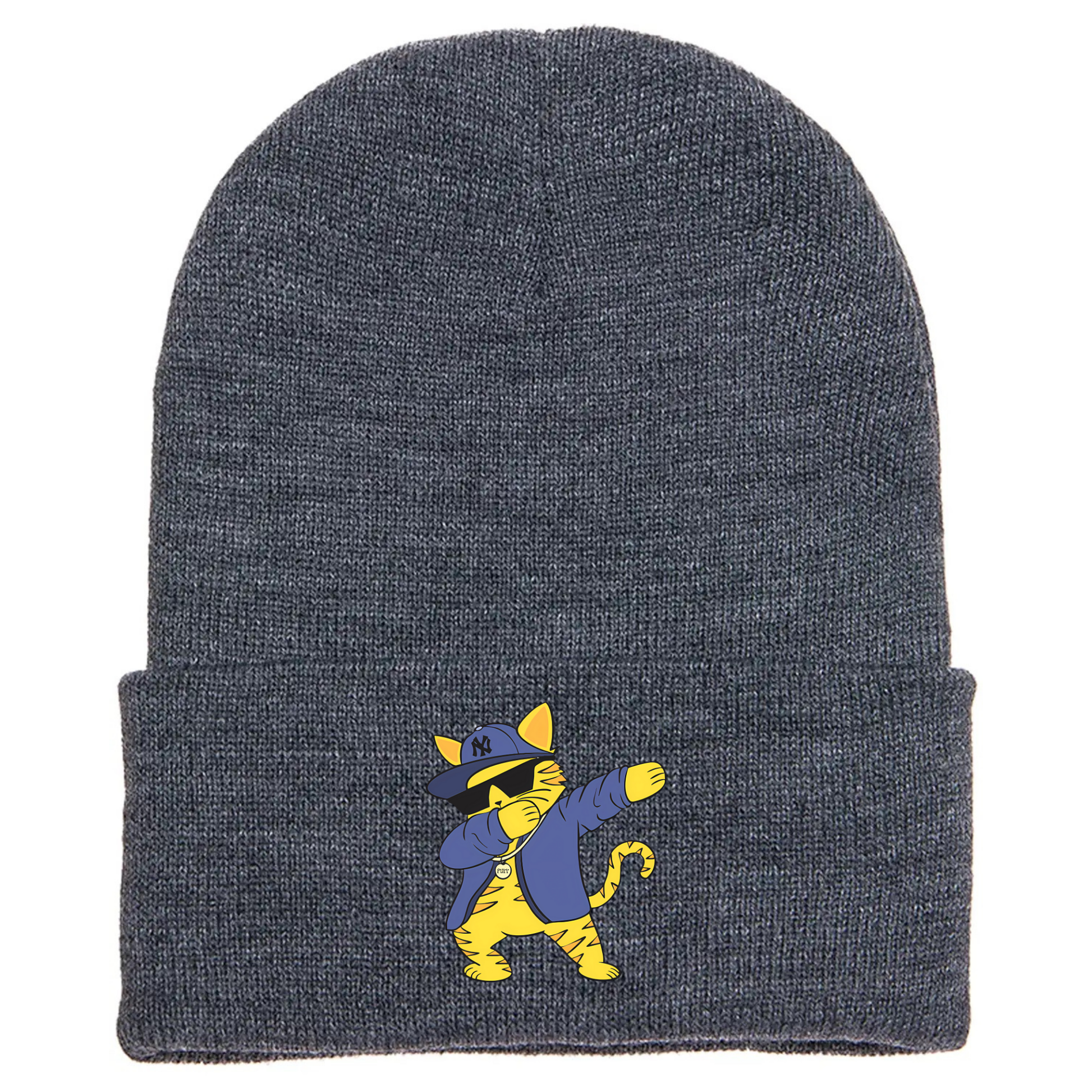 Gray cuffed beanie made of acrylic material with a cartoon cat dabb dancing in streetwear style.