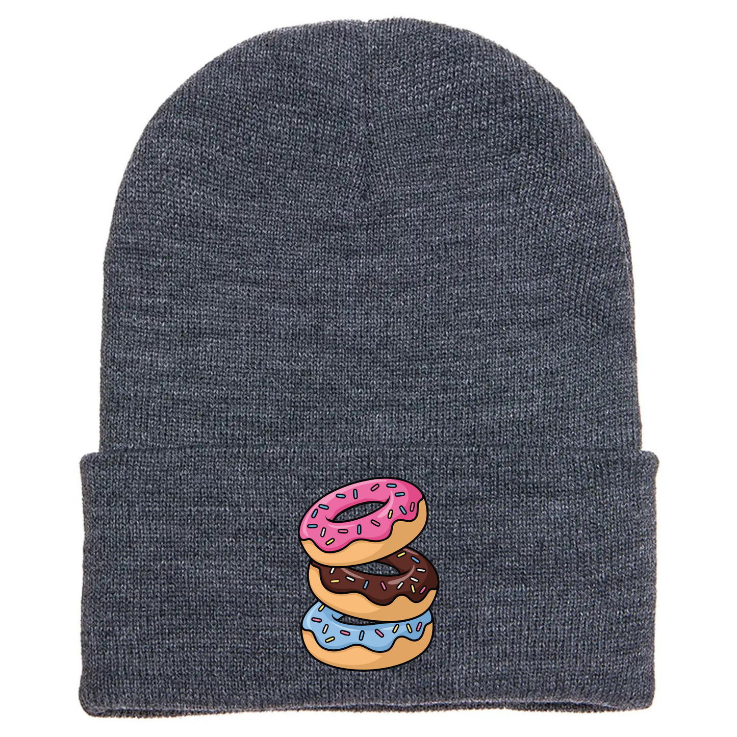 Gray acrylic beanie with stacked cartoon doughnuts featuring sprinkles and colorful frosting designs.