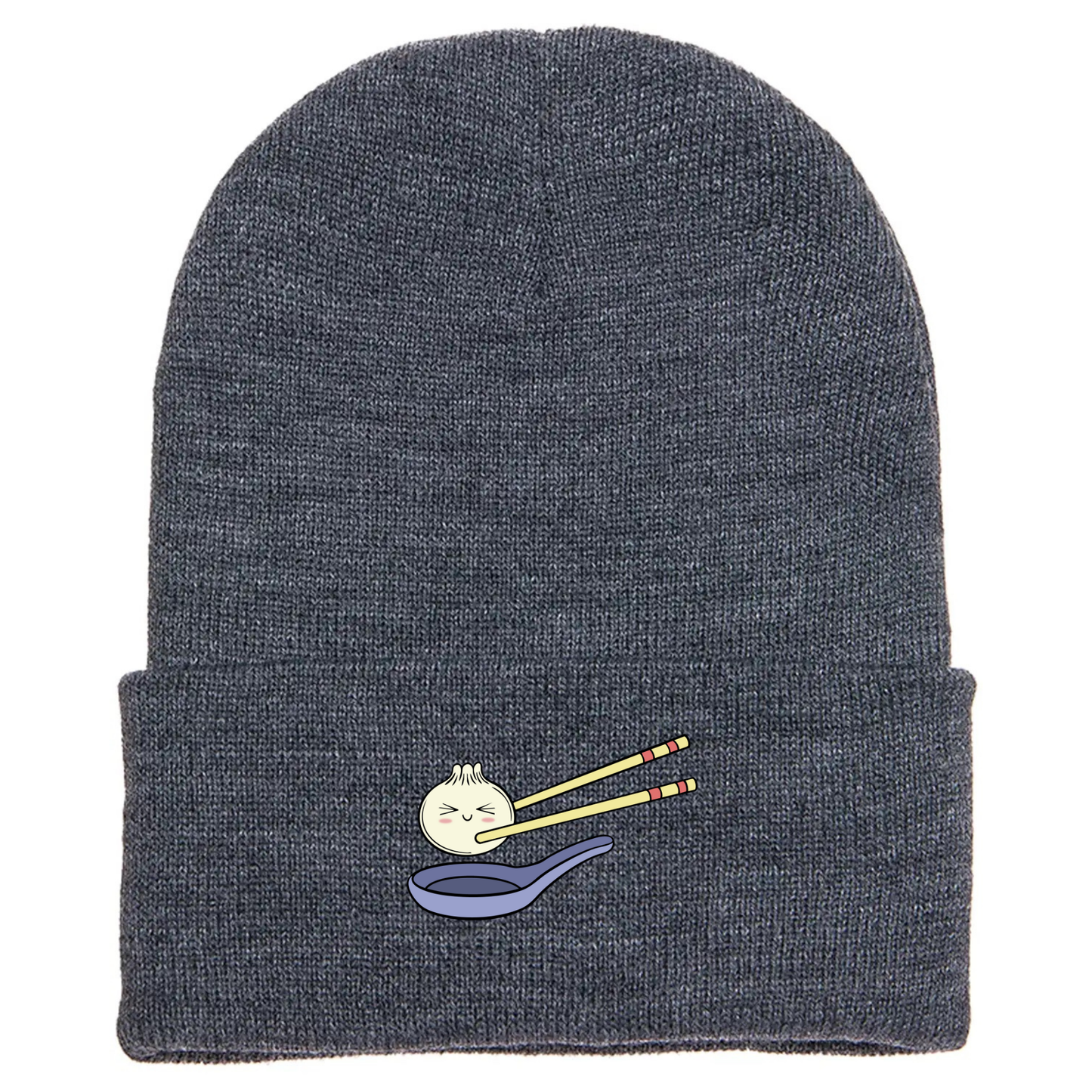 Gray acrylic cuffed beanie with a cute cartoon dumpling held by chopsticks over a blue soup spoon.