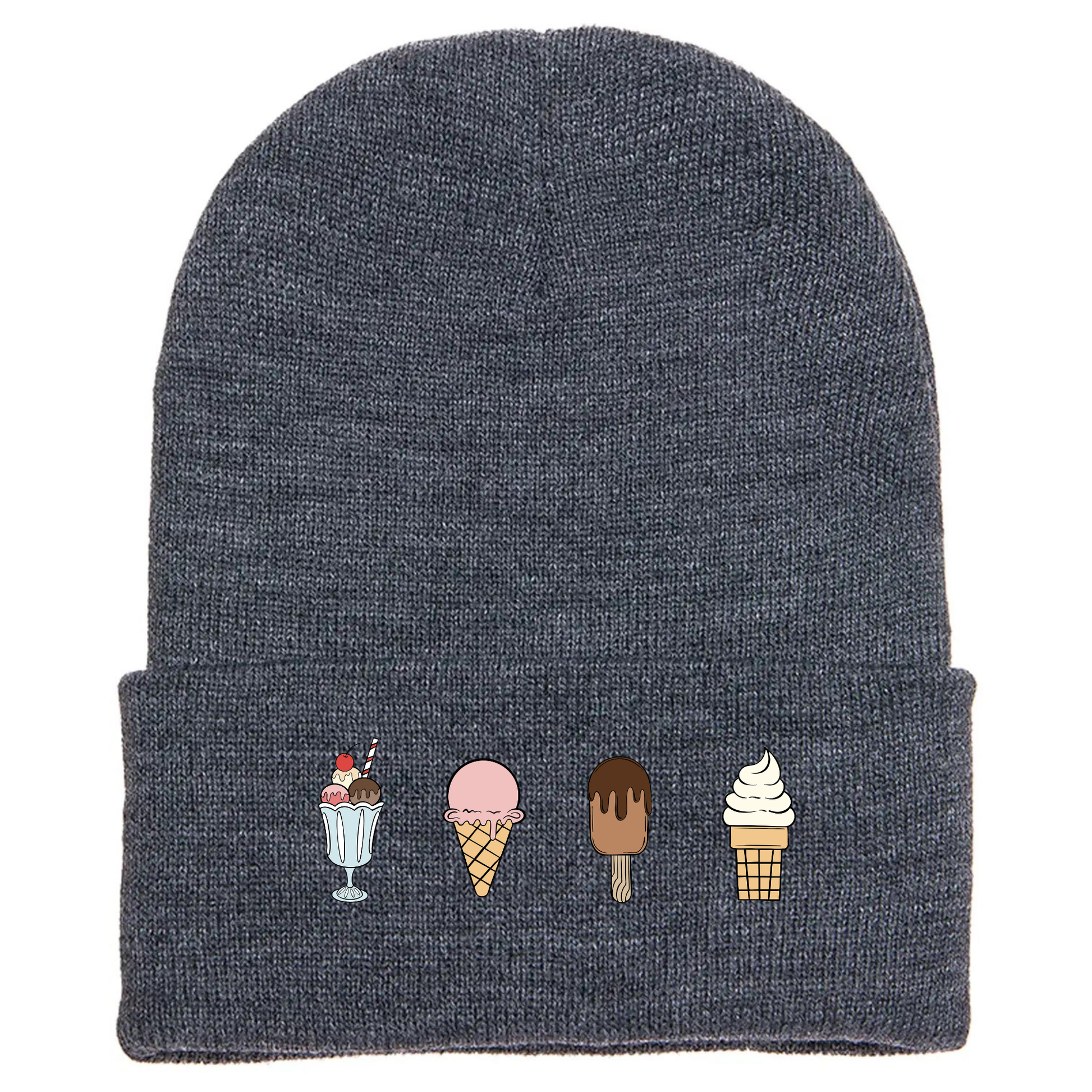 Gray acrylic cuffed beanie with four cartoon ice cream designs: sundae, cone, chocolate bar, and soft.