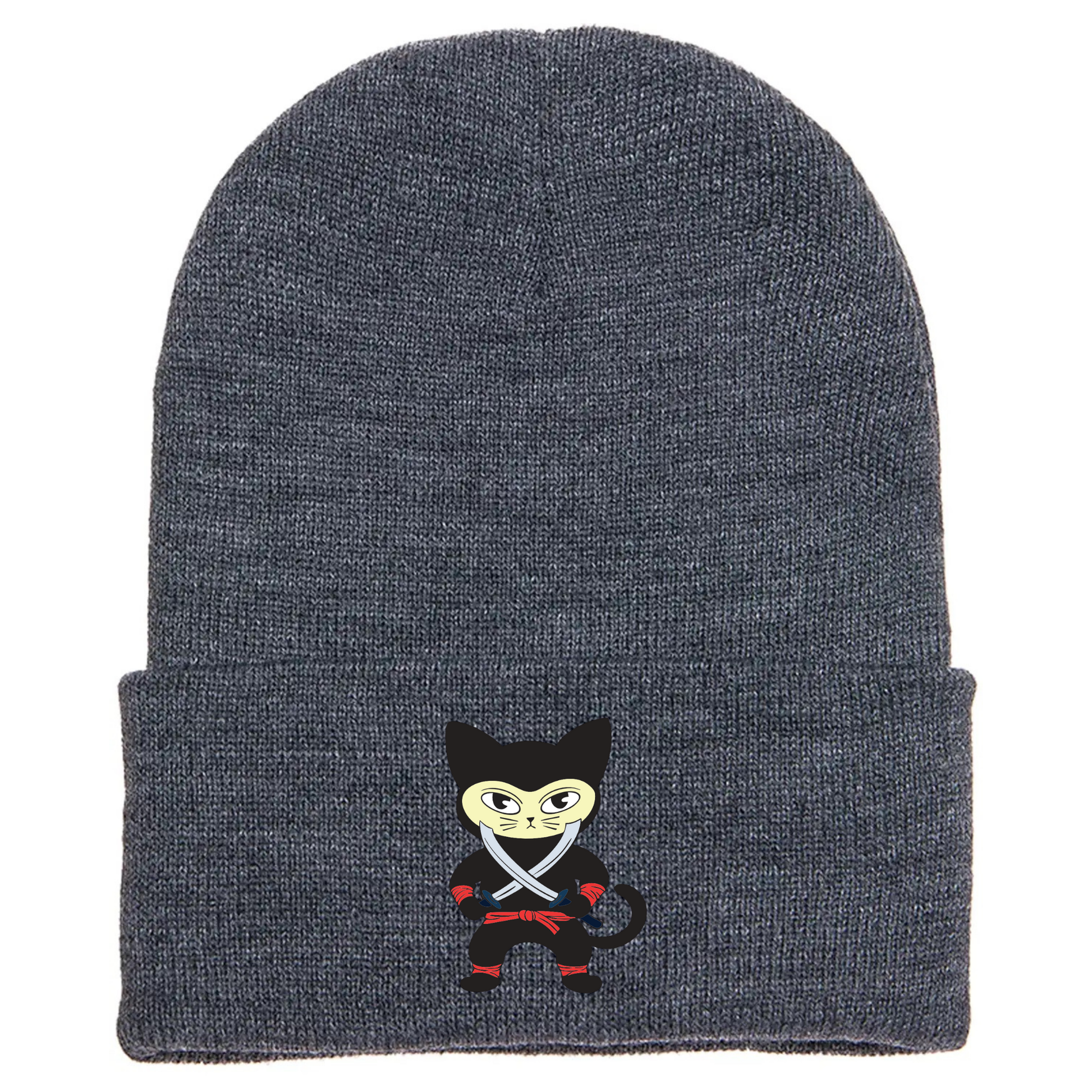 Gray cuffed beanie made of acrylic material with a cartoon cat in a black ninja outfit holding two crossing swords.