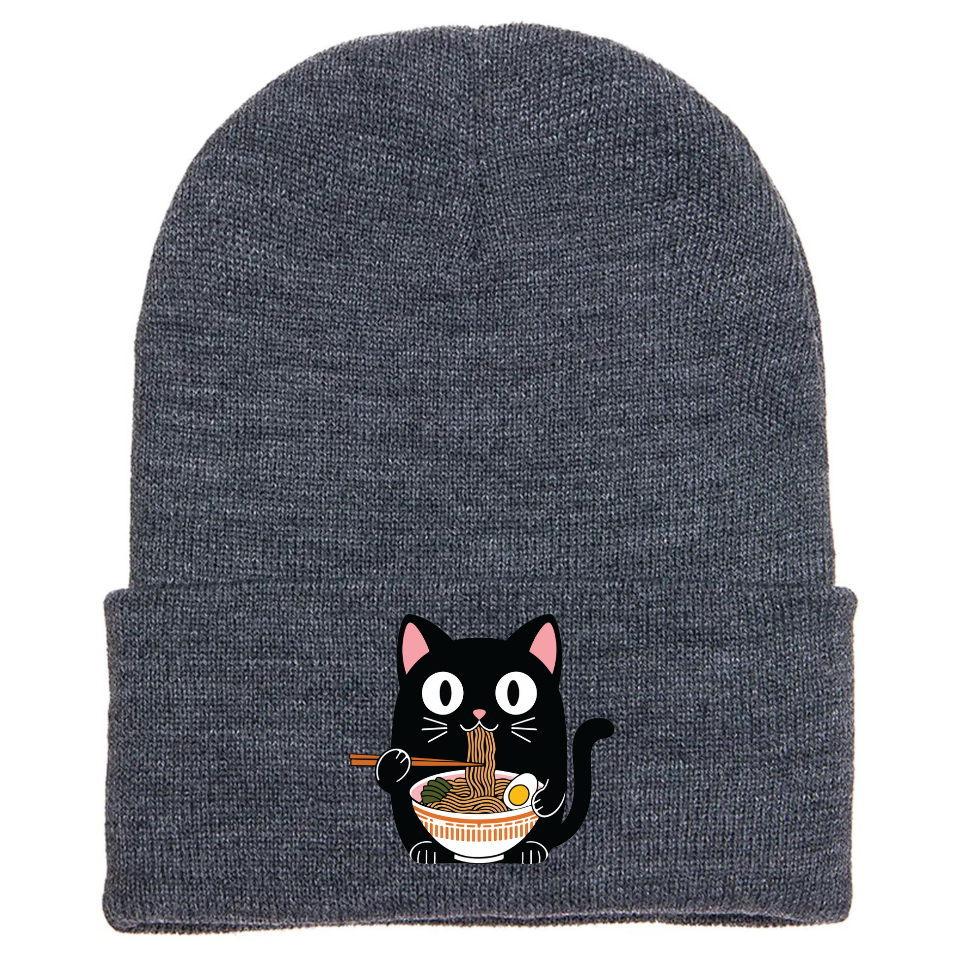 Gray acrylic cuffed beanie with cartoon cat eating a a bowl of ramen.