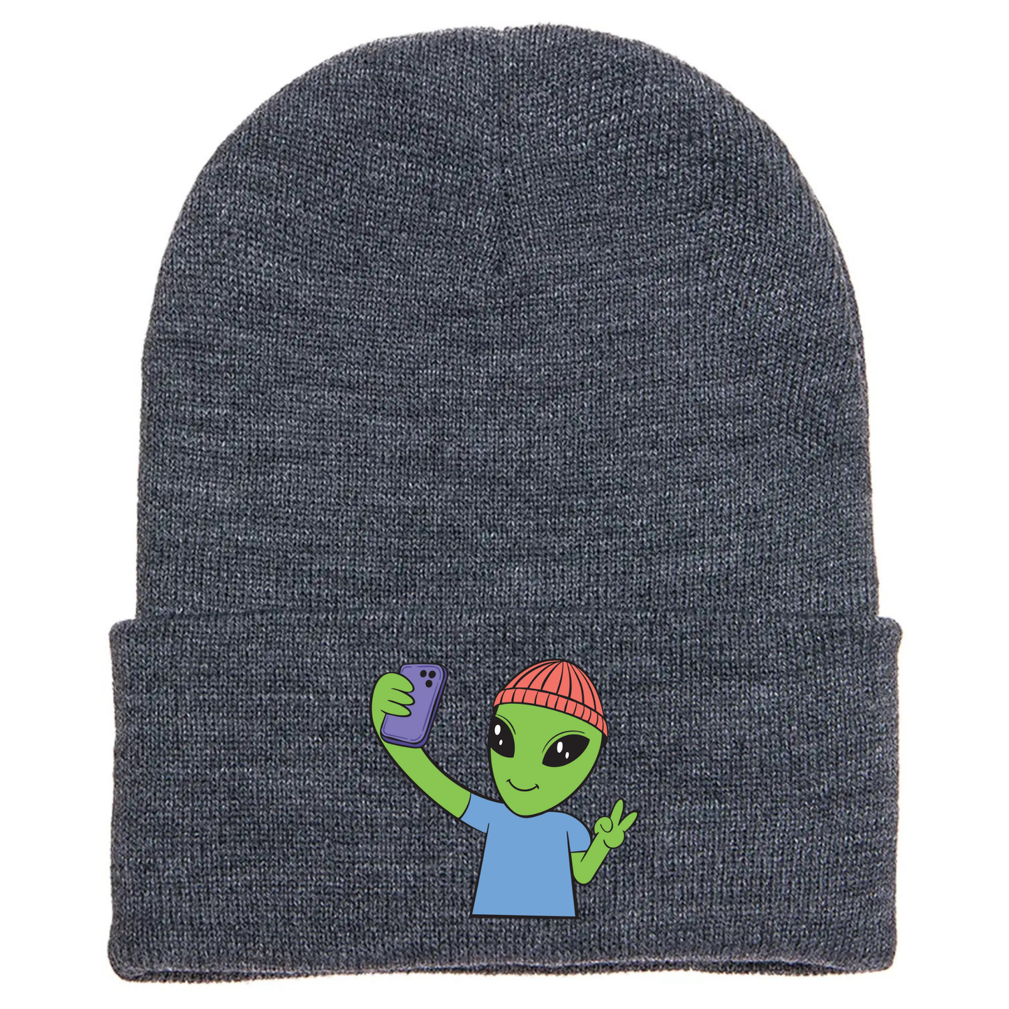 Gray acrylic beanie featuring a cartoon alien in a red beanie taking a selfie and flashing a peace sign with one hand.