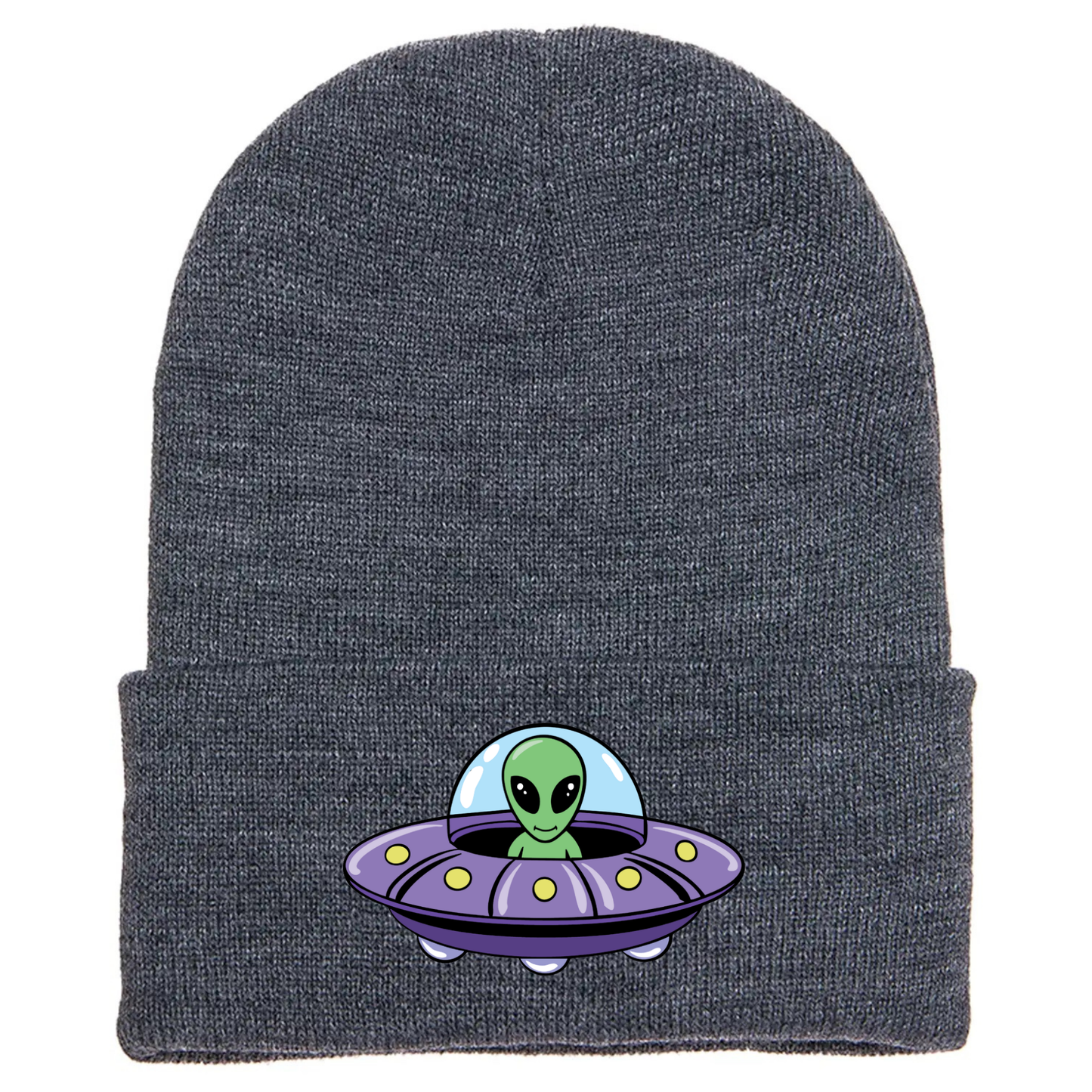 Gray acrylic beanie featuring a cartoon alien inside a purple flying saucer with yellow lights and a blue dome.