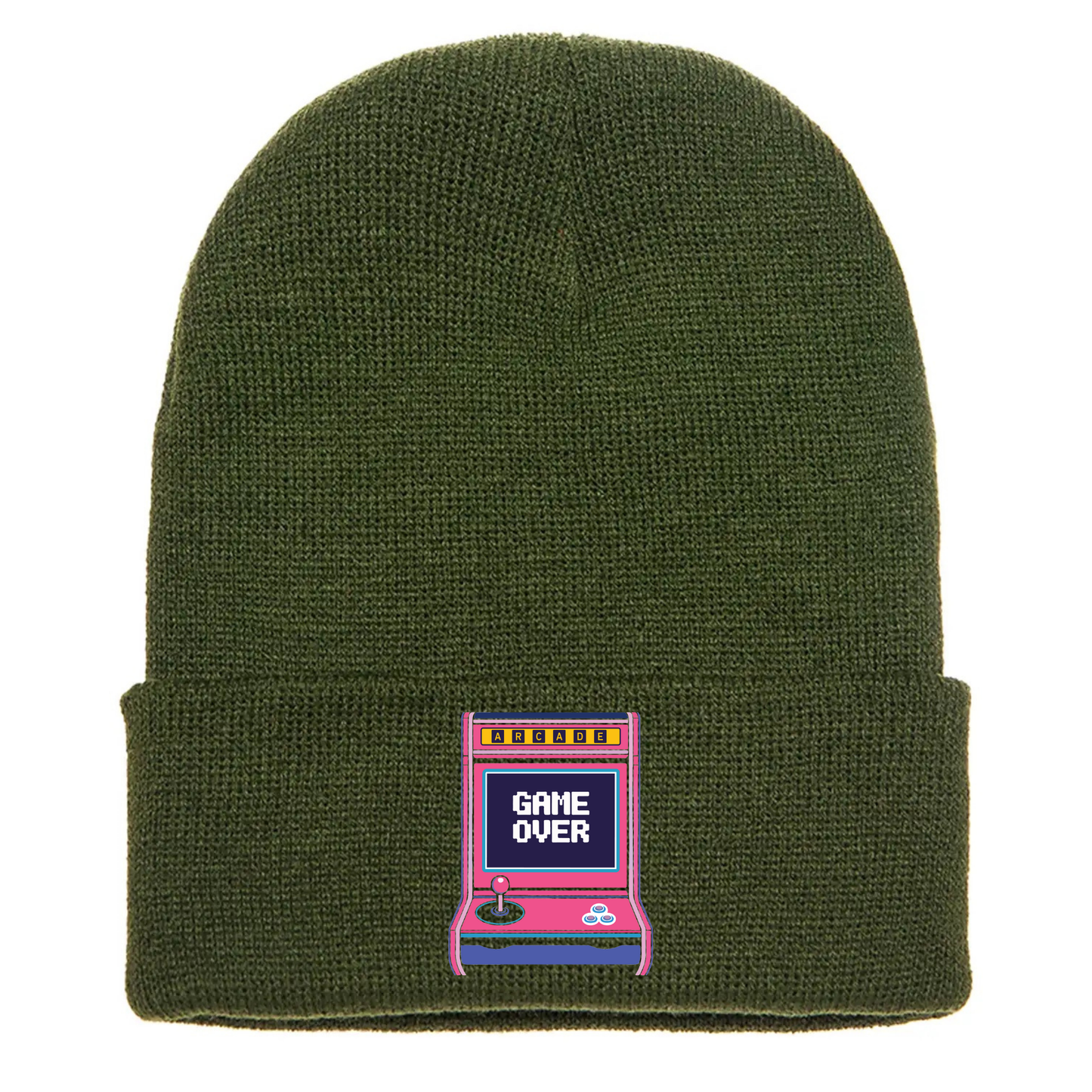Olive green cuffed beanie made of acrylic material with a retro arcade game console with the phrase “Game Over” on the screen.