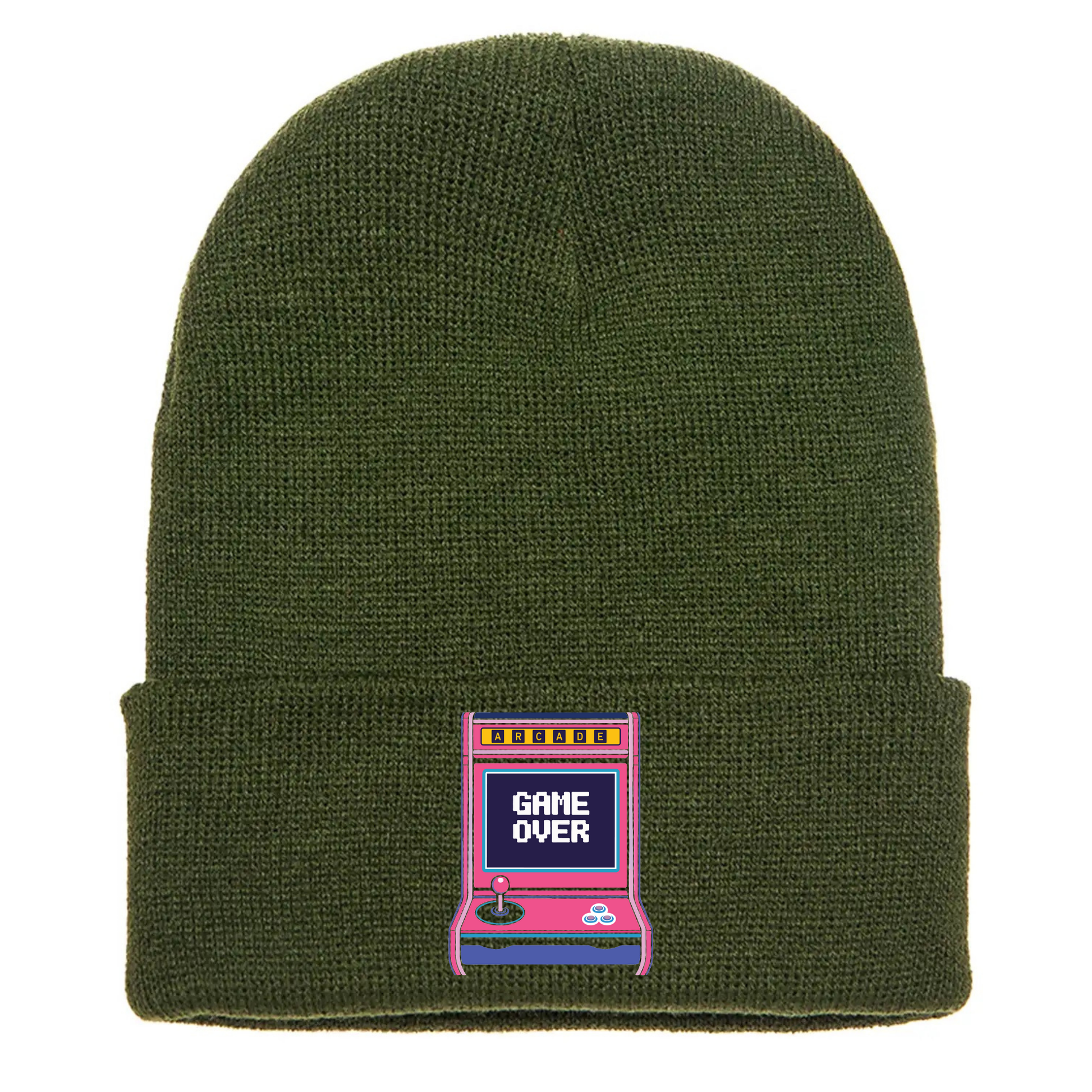 Olive green cuffed beanie made of acrylic material with a retro arcade game console with the phrase “Game Over” on the screen.