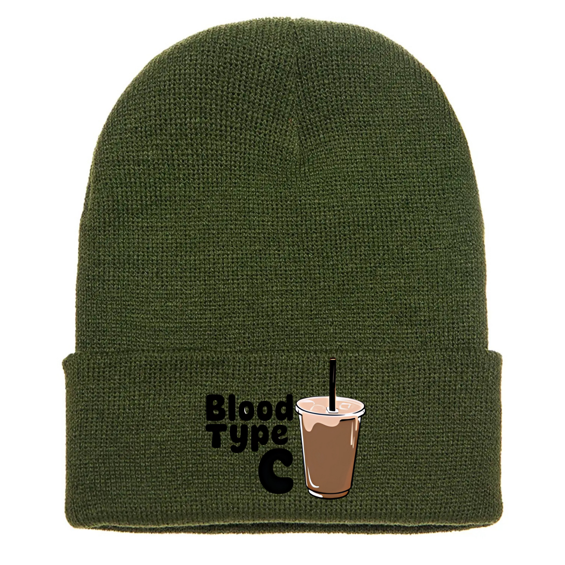 Olive green cuffed beanie made of acrylic material with an image of an ice coffee and the phrase “Blood Type C”.