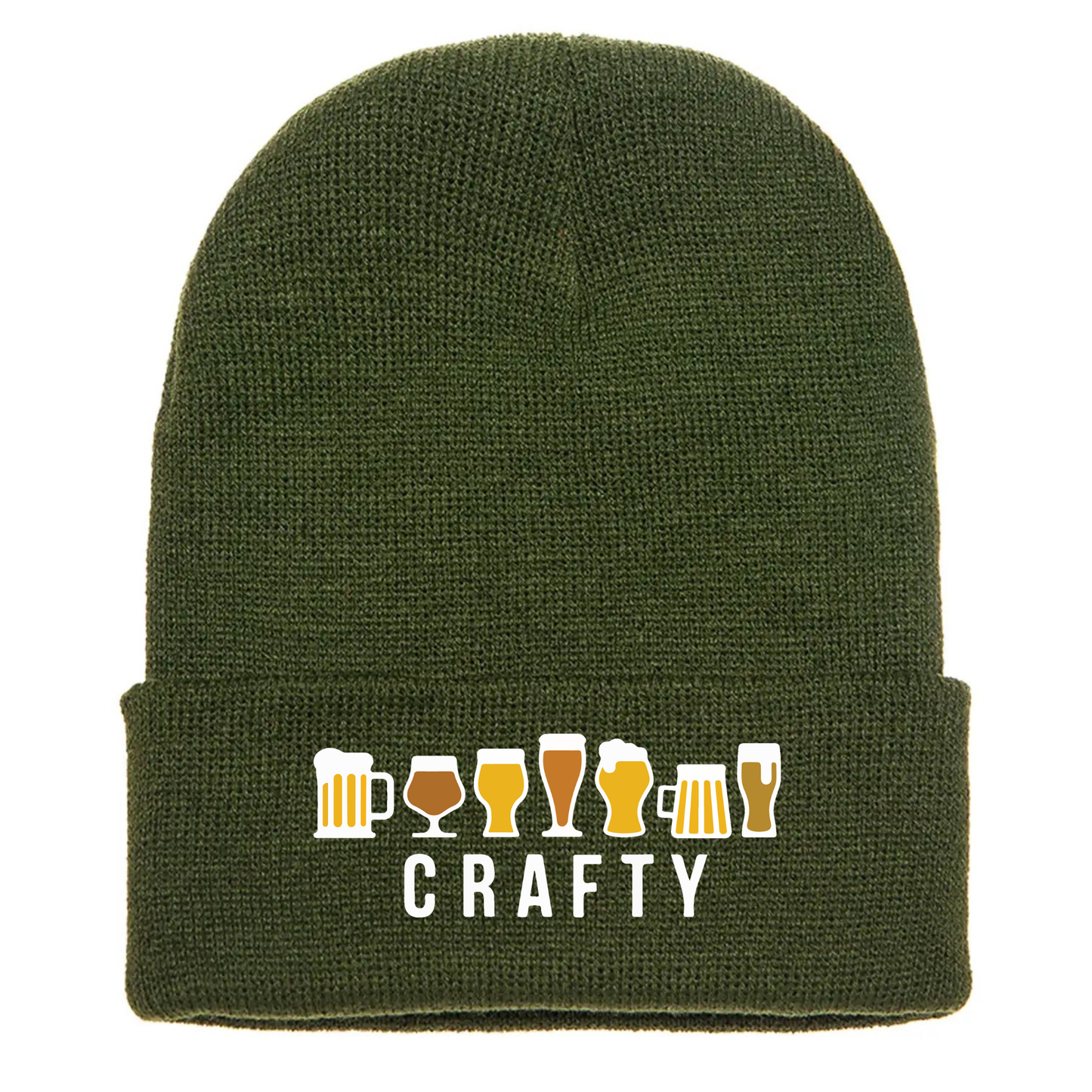 Olive green acrylic beanie with seven cartoon beer glasses above the word “CRAFTY” in bold white text.