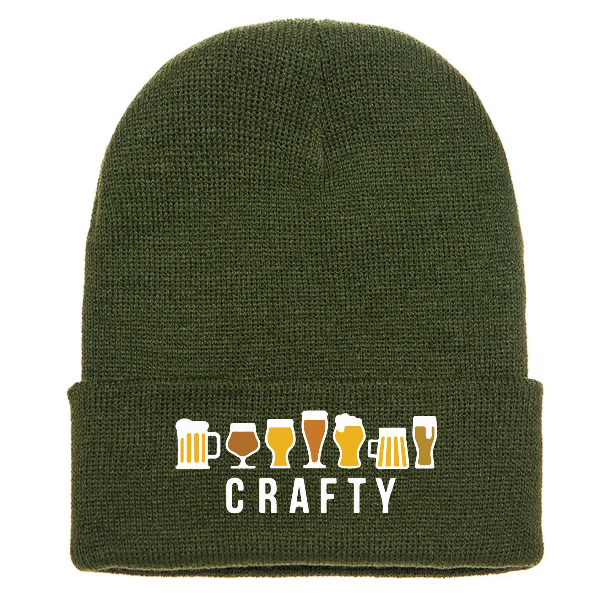 Olive green acrylic beanie with seven cartoon beer glasses above the word “CRAFTY” in bold white text.
