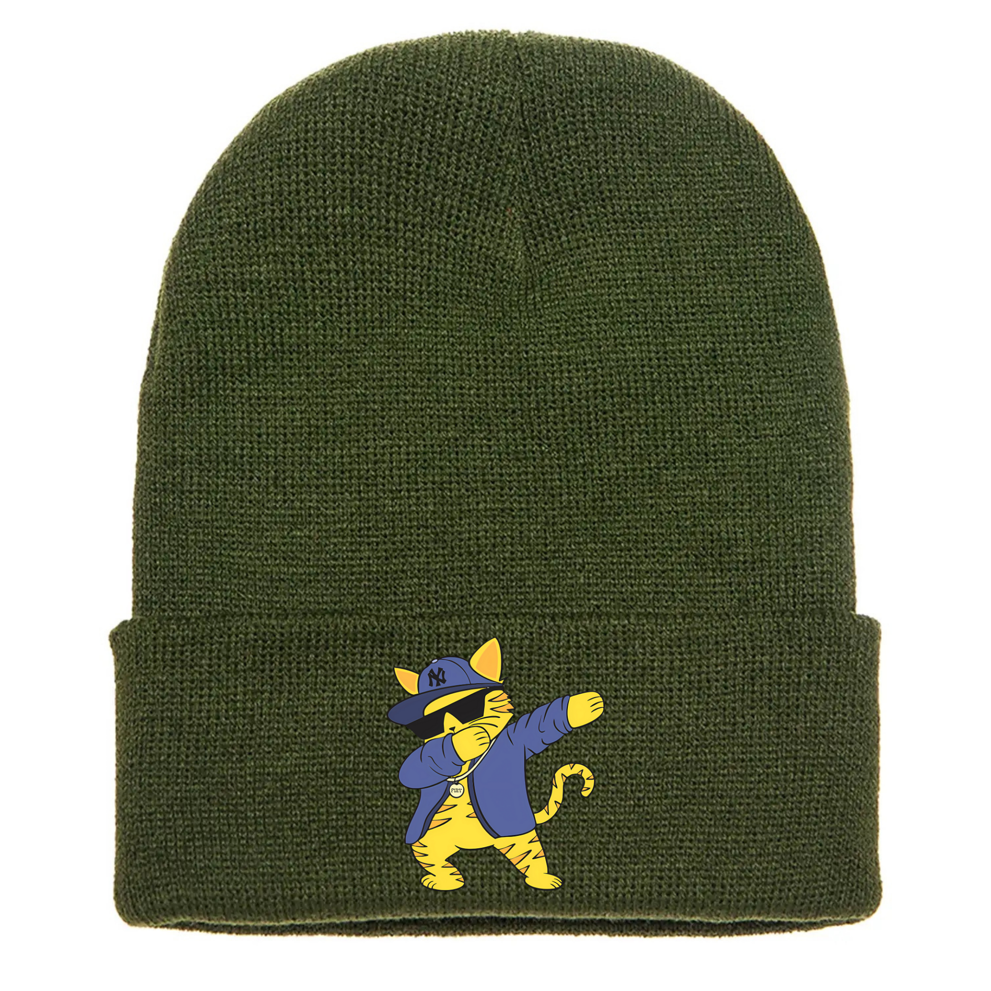 Olive Green cuffed beanie made of acrylic material with a cartoon cat dabb dancing in streetwear style.