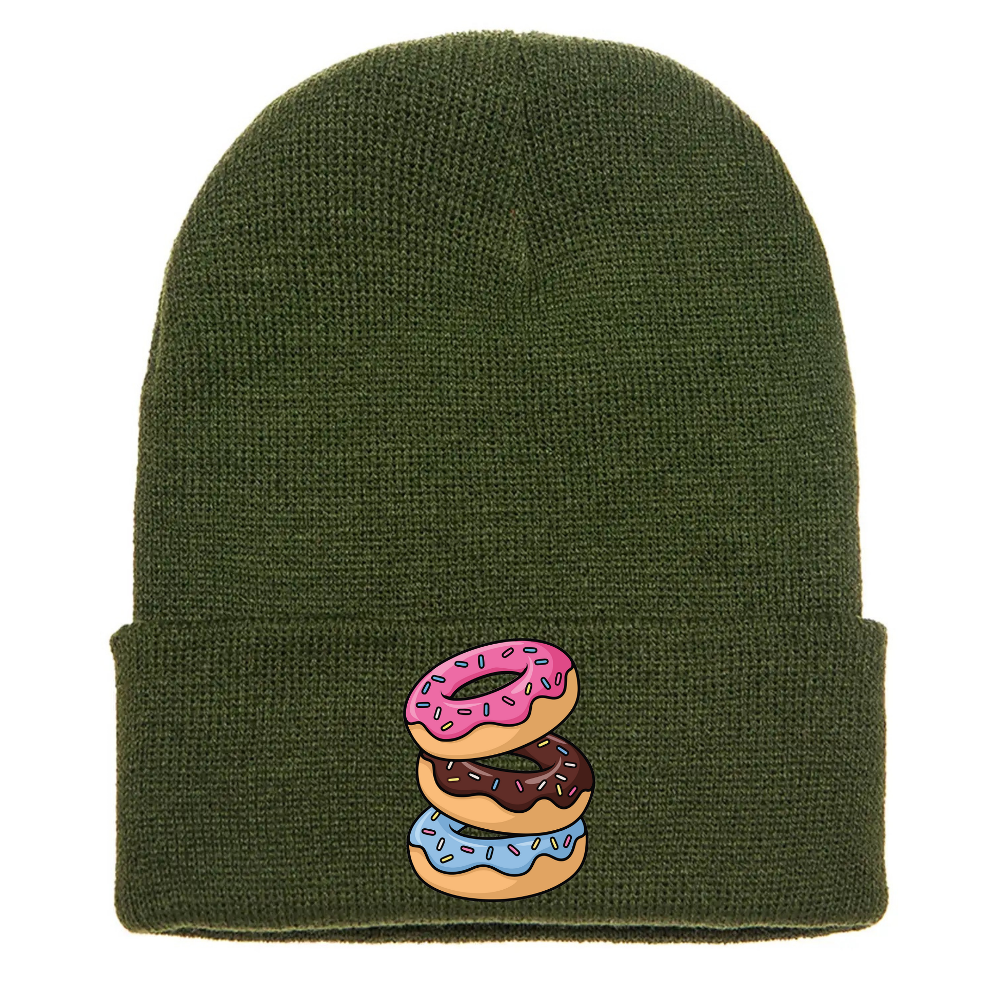 Olive green acrylic beanie with stacked cartoon doughnuts featuring sprinkles and colorful frosting designs.