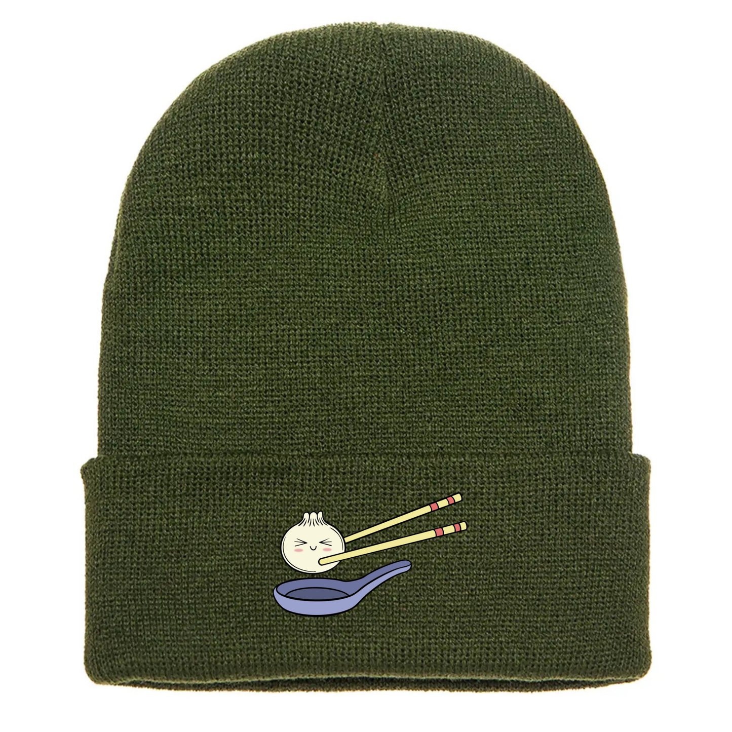 Olive green acrylic cuffed beanie with a cute cartoon dumpling held by chopsticks over a blue soup spoon.