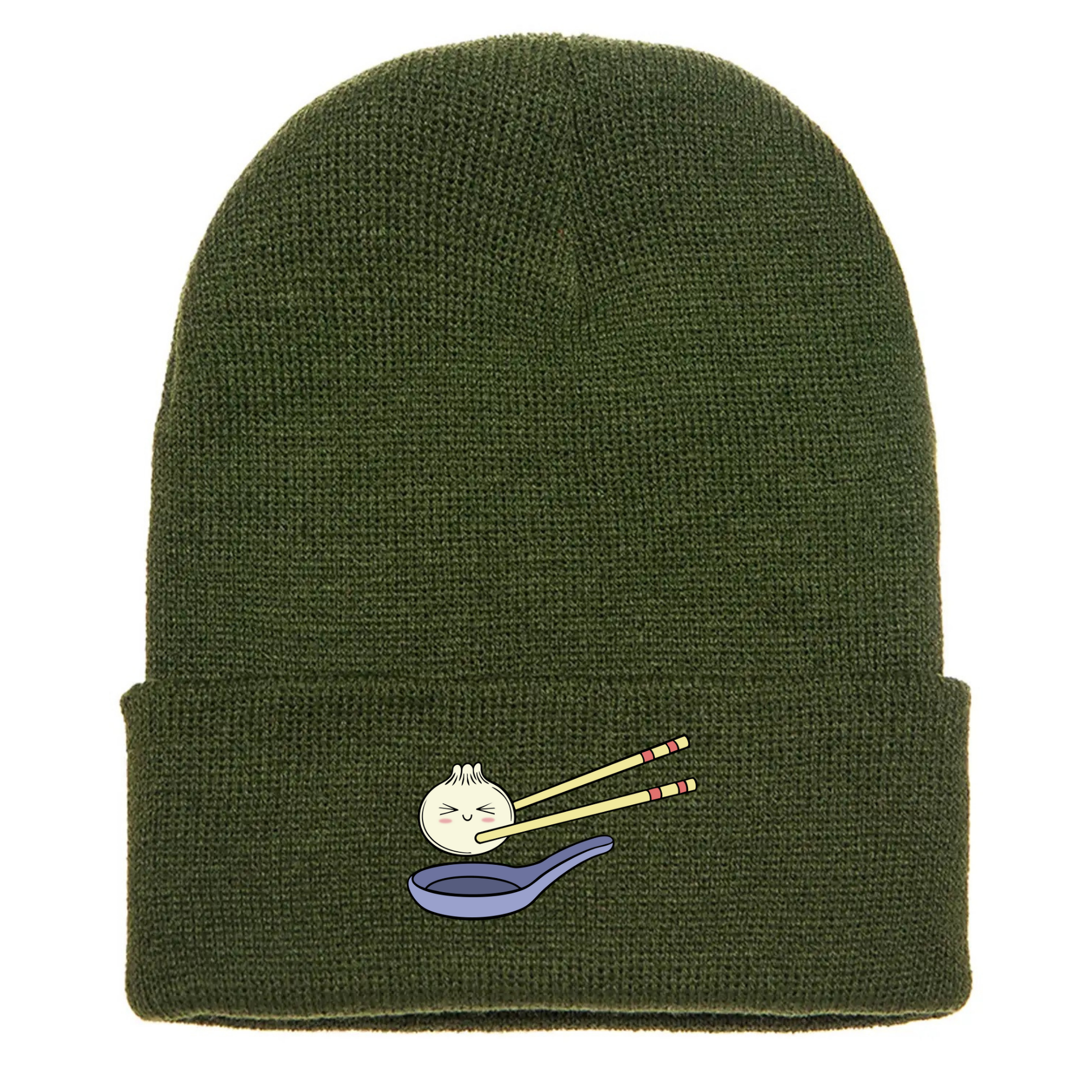Olive green acrylic cuffed beanie with a cute cartoon dumpling held by chopsticks over a blue soup spoon.