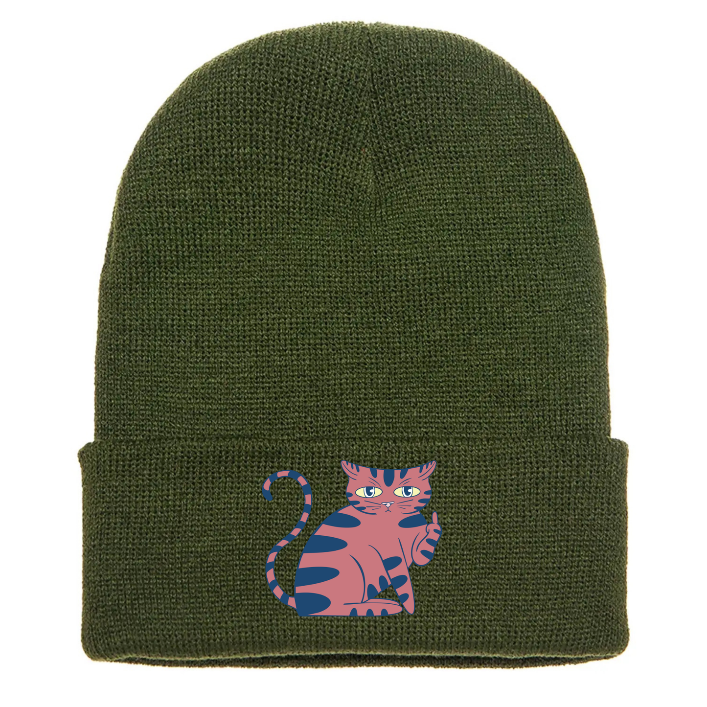 Olive Green cuffed beanie made of acrylic material with a cartoon cat sitting giving the middle finger.