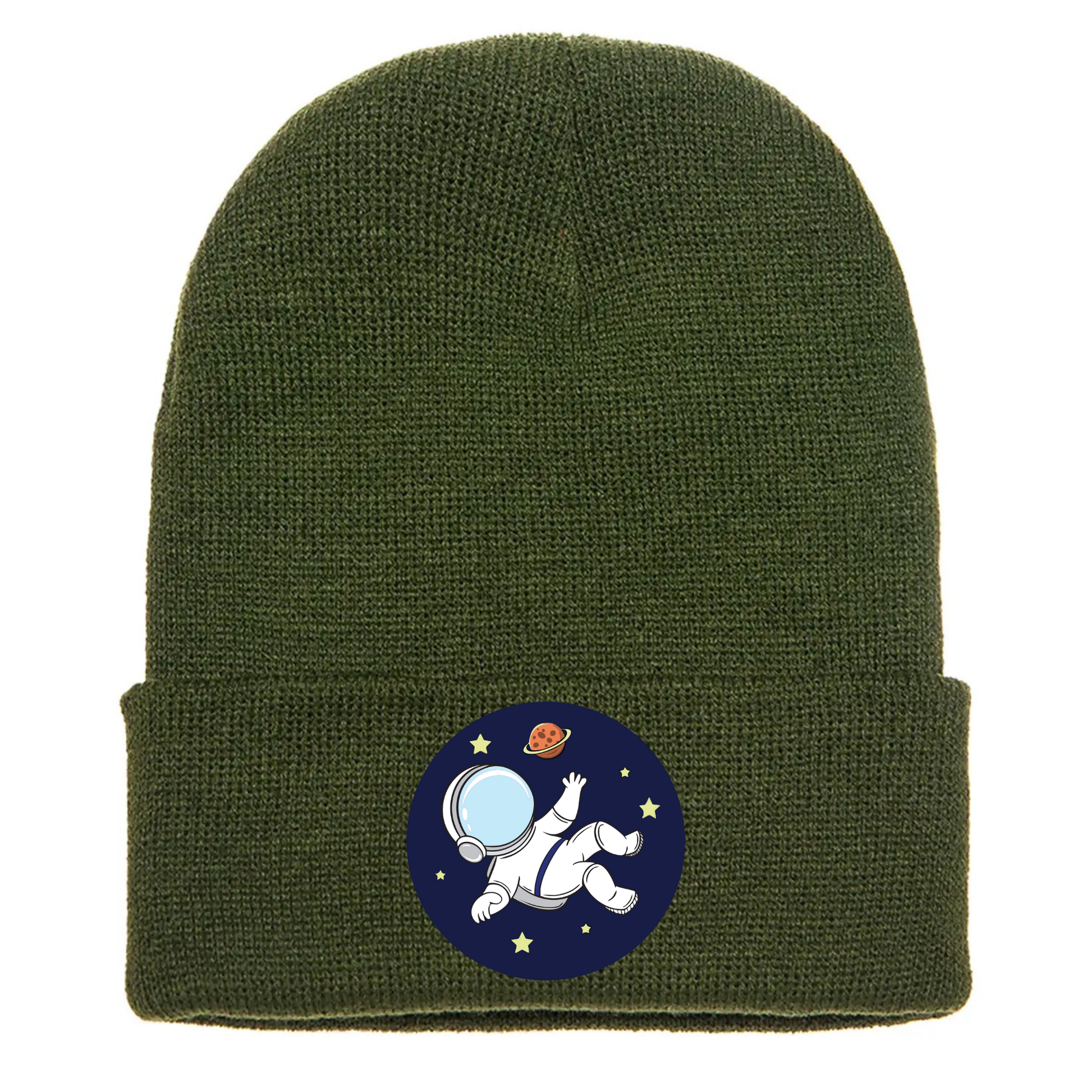 Olive Green acrylic beanie with a cartoon astronaut floating in space, surrounded by stars and a red planet on a blue circle.