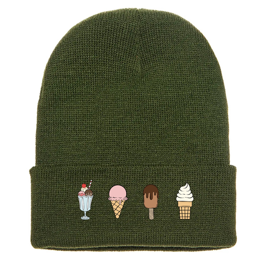 Olive green acrylic cuffed beanie with four cartoon ice cream designs: sundae, cone, chocolate bar, and soft serve.