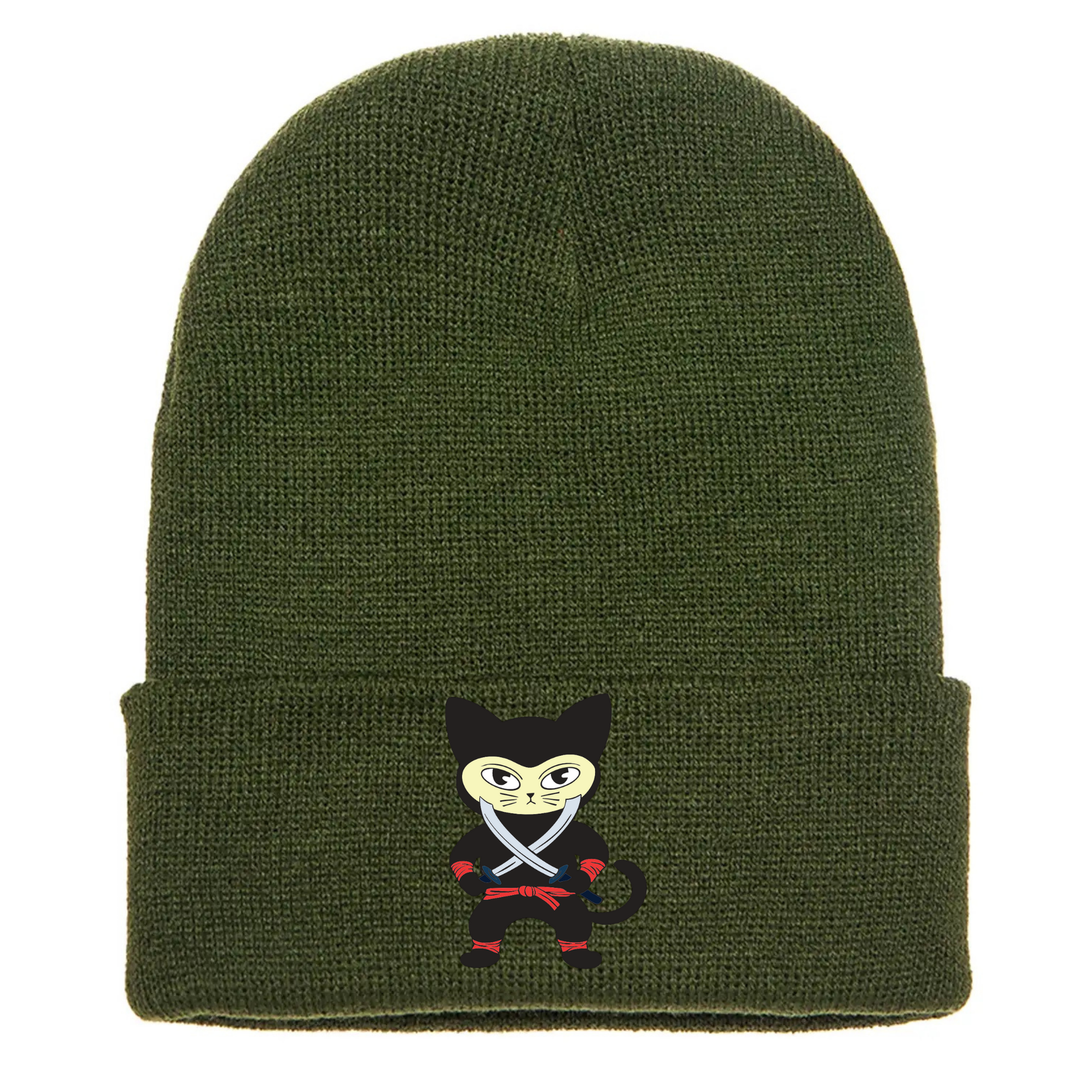 Olive green cuffed beanie made of acrylic material with a cartoon cat in a black ninja outfit holding two crossing swords.