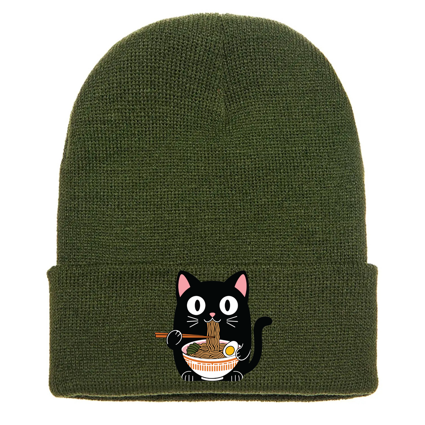 Olive green acrylic cuffed beanie with cartoon cat eating a a bowl of ramen.