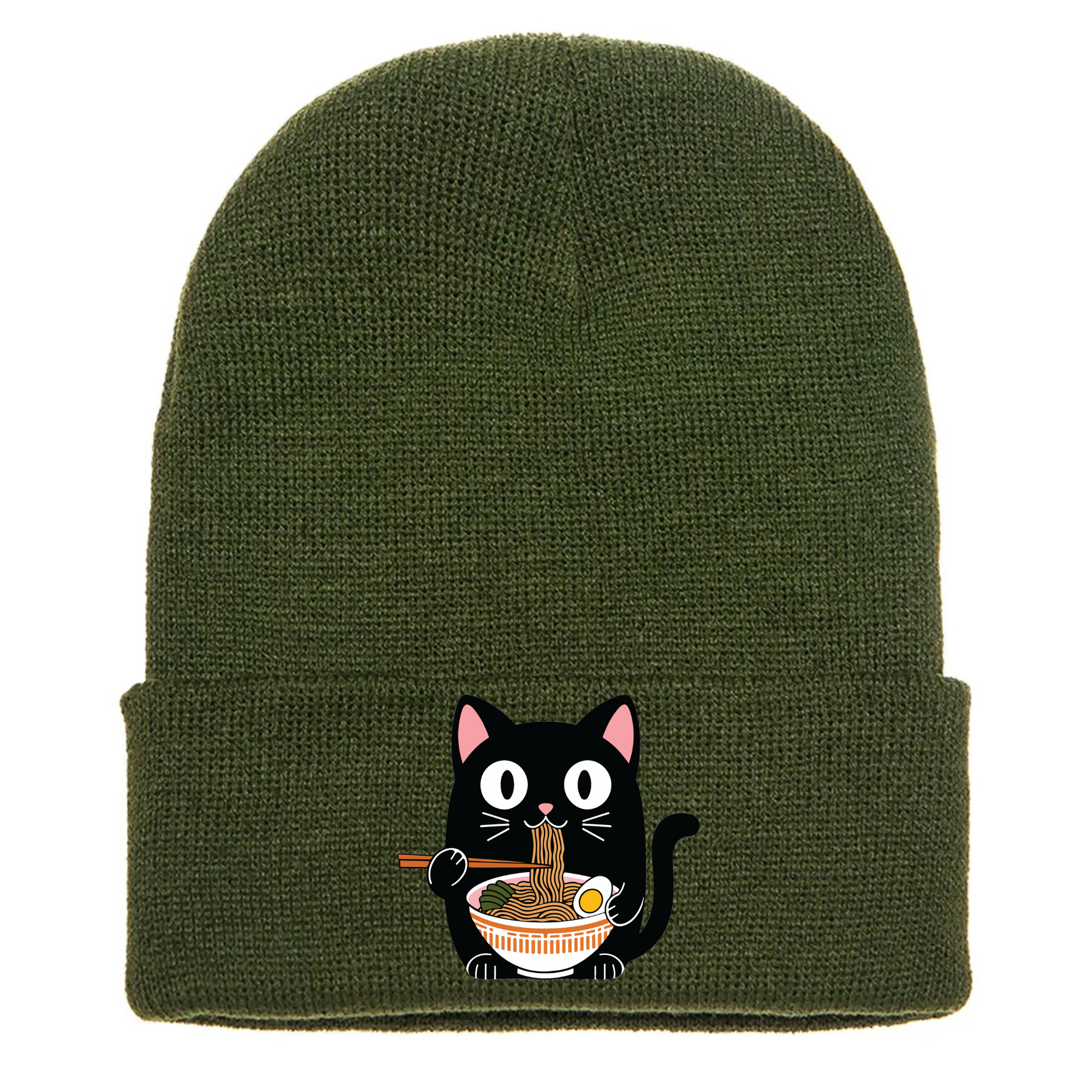 Olive green acrylic cuffed beanie with cartoon cat eating a a bowl of ramen.