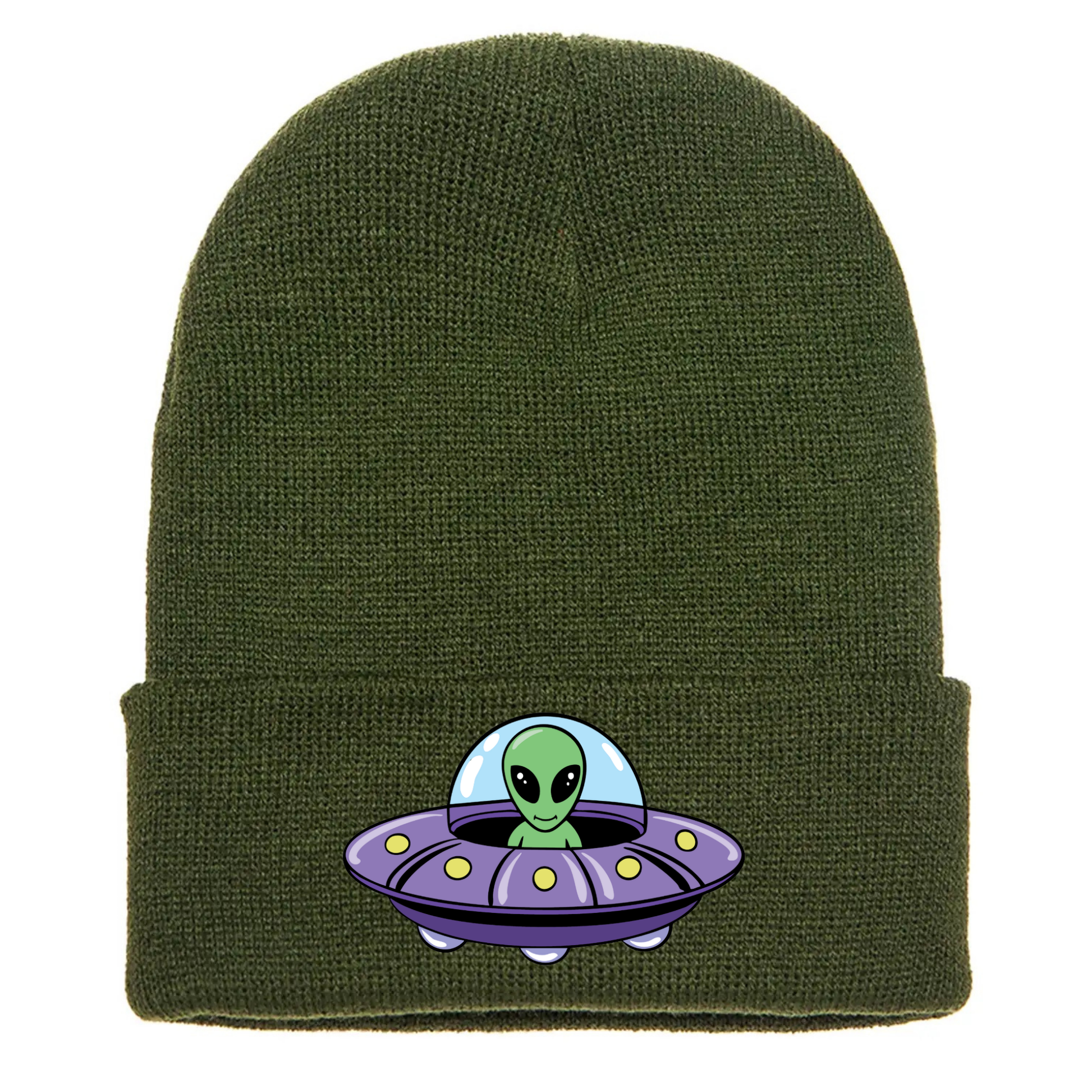 Olive green acrylic beanie featuring a cartoon alien inside a purple flying saucer with yellow lights and a blue dome.