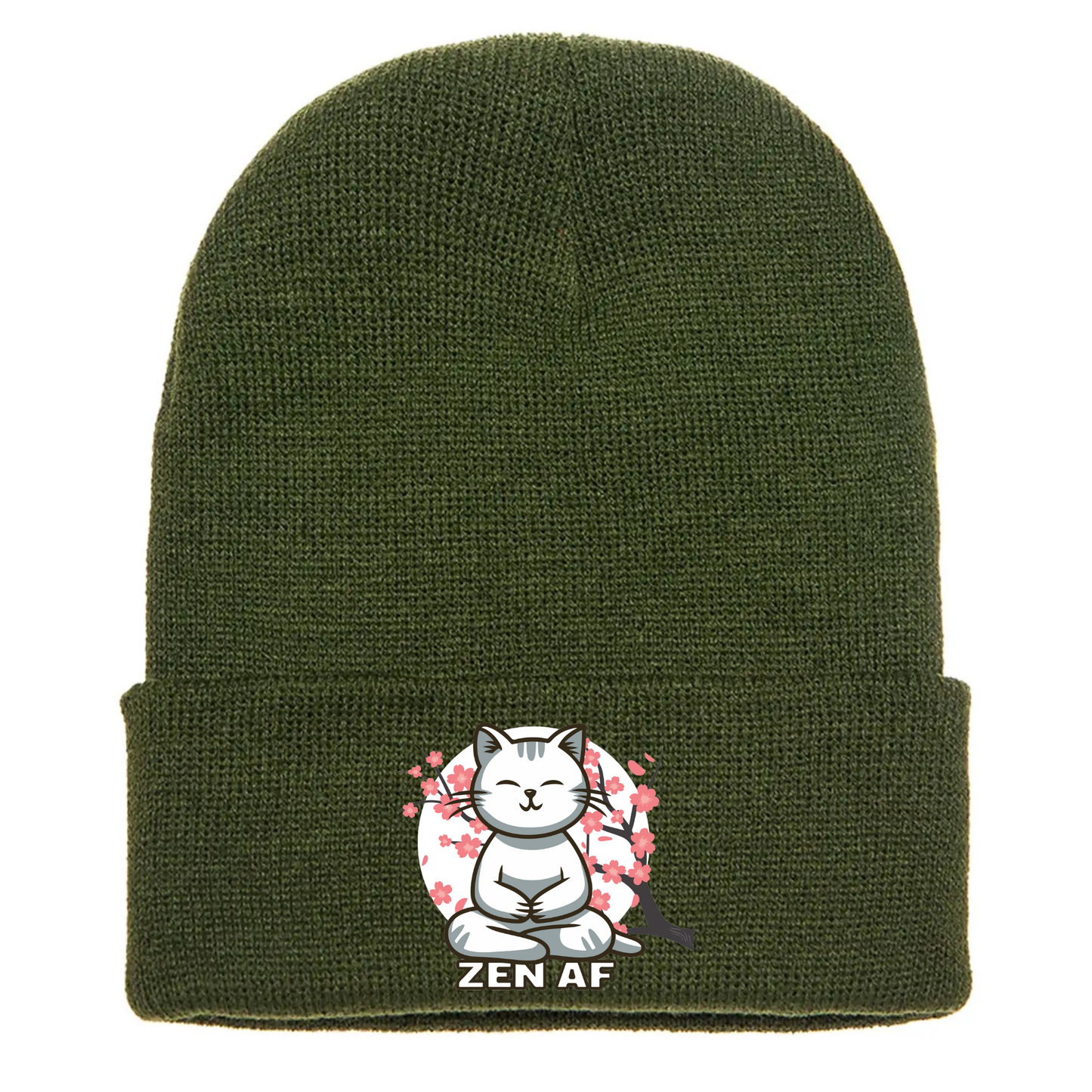 Olive Green cuffed beanie made of acrylic with a meditating cartoon cat with cherry blossoms and the phrase “ZEN AF” below
