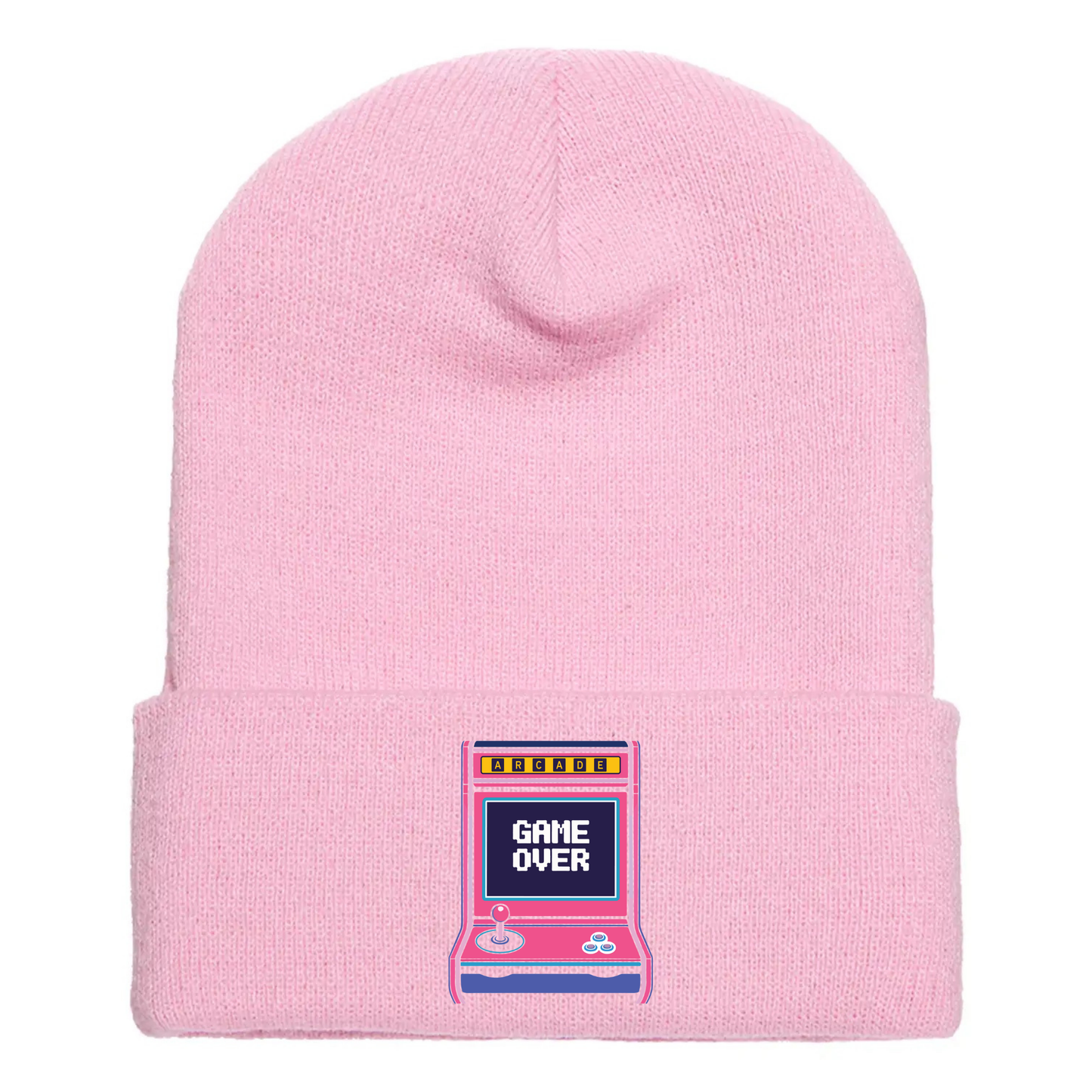 Pink cuffed beanie made of acrylic material with a retro arcade game console with the phrase “Game Over” on the screen.