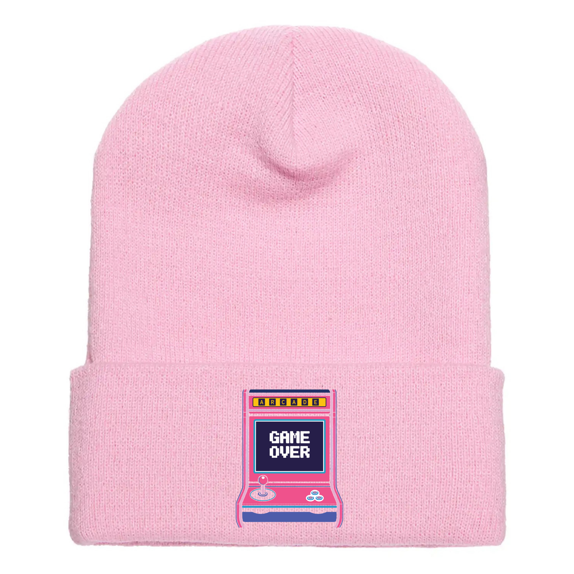 Pink cuffed beanie made of acrylic material with a retro arcade game console with the phrase “Game Over” on the screen.
