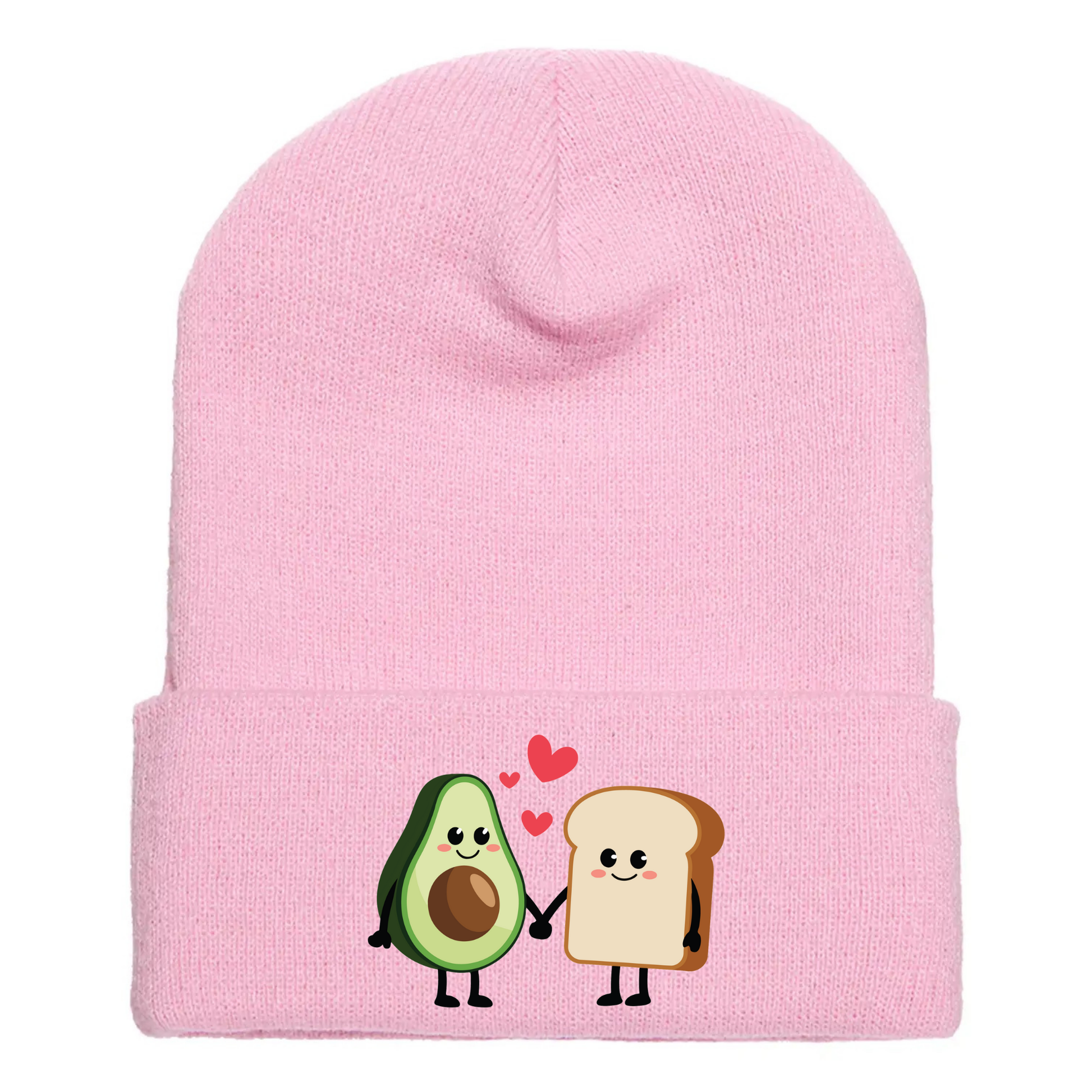 Pink acrylic beanie with cartoon avocado toast characters holding hands, smiling, with red hearts floating above them.