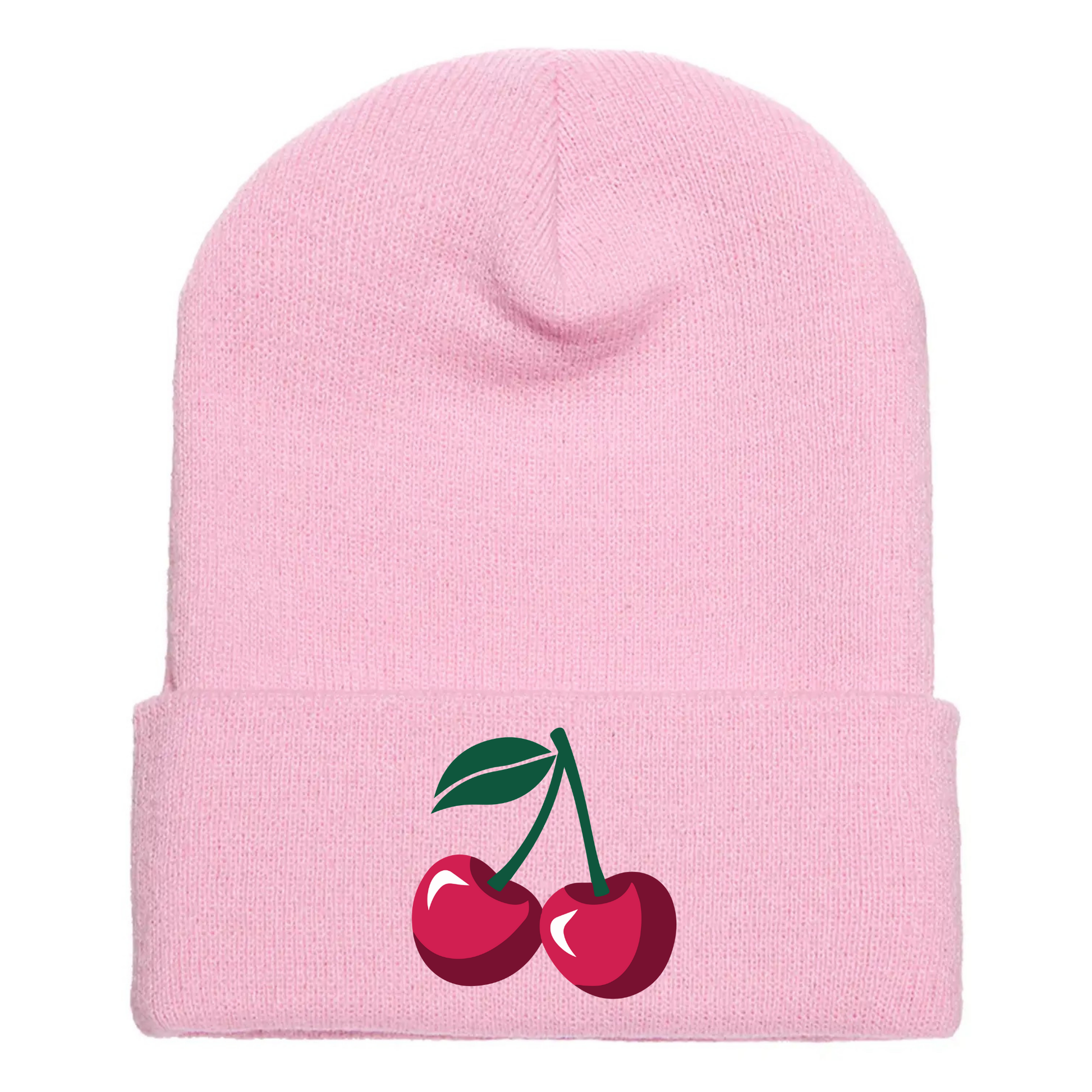 Pink acrylic beanie with image of two cartoon red cherries and a green stem.
