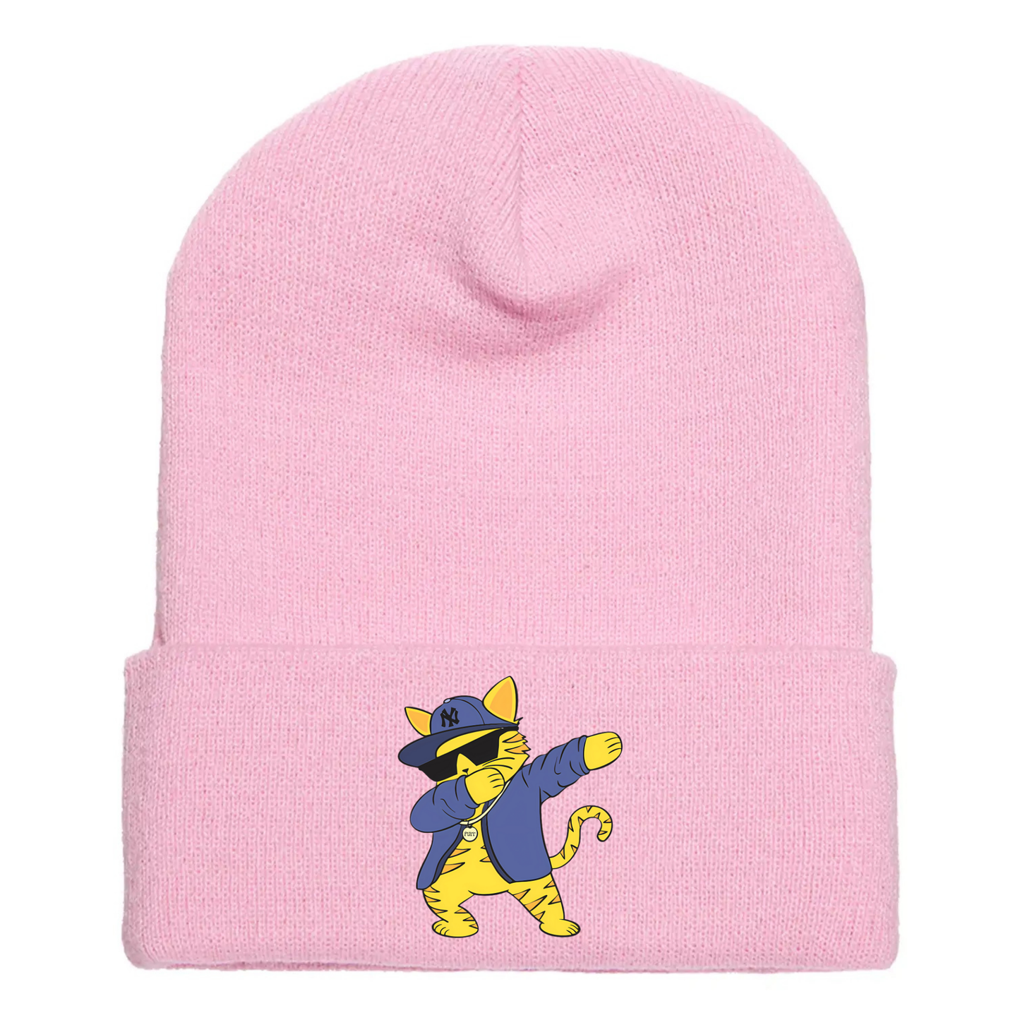 Pink cuffed beanie made of acrylic material with a cartoon cat dabb dancing in streetwear style.
