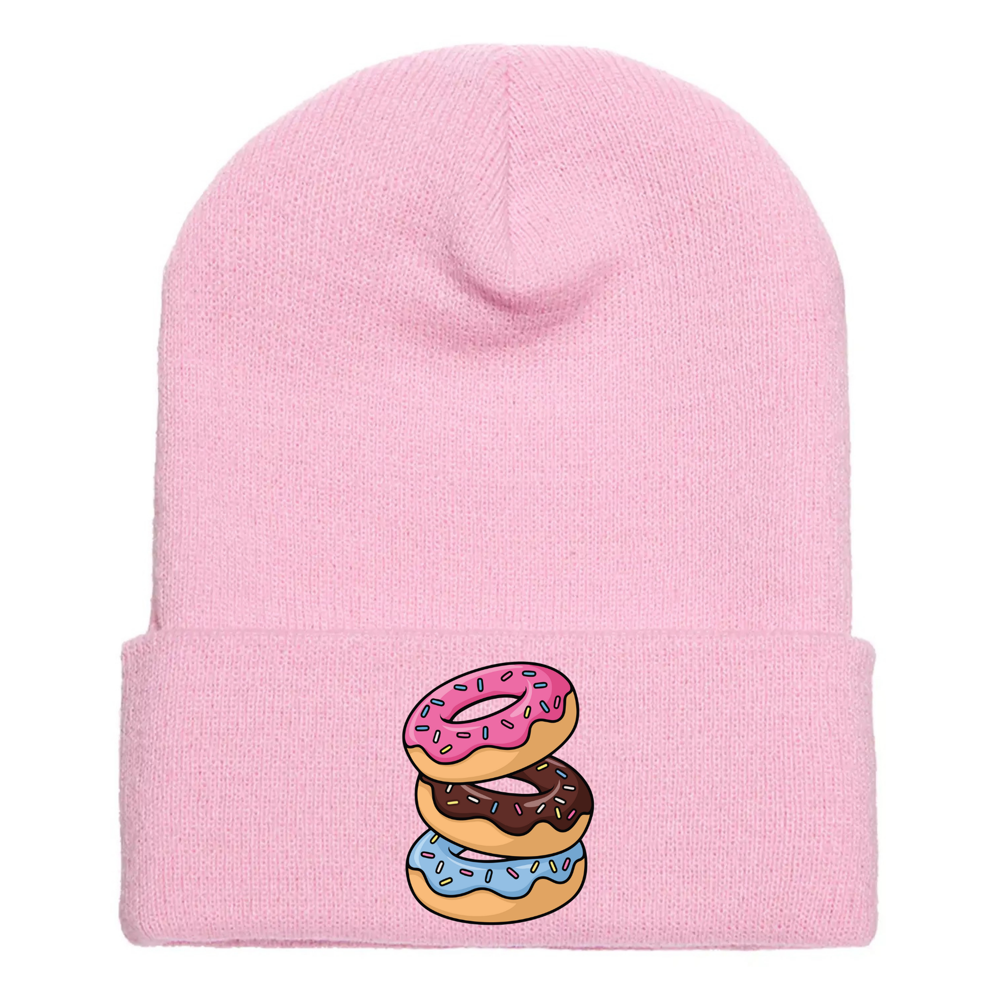 Pink acrylic beanie with stacked cartoon doughnuts featuring sprinkles and colorful frosting designs.