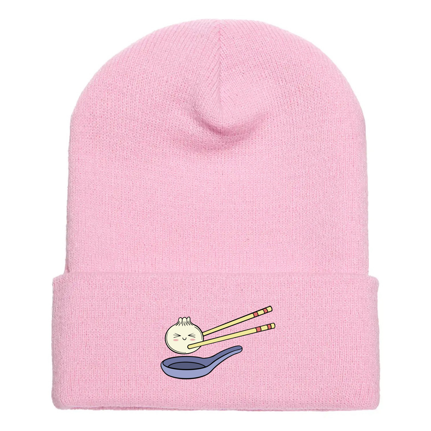 Pink acrylic cuffed beanie with a cute cartoon dumpling held by chopsticks over a blue soup spoon.