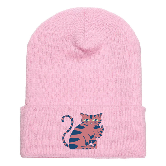 Pink cuffed beanie made of acrylic material with a cartoon cat sitting giving the middle finger.
