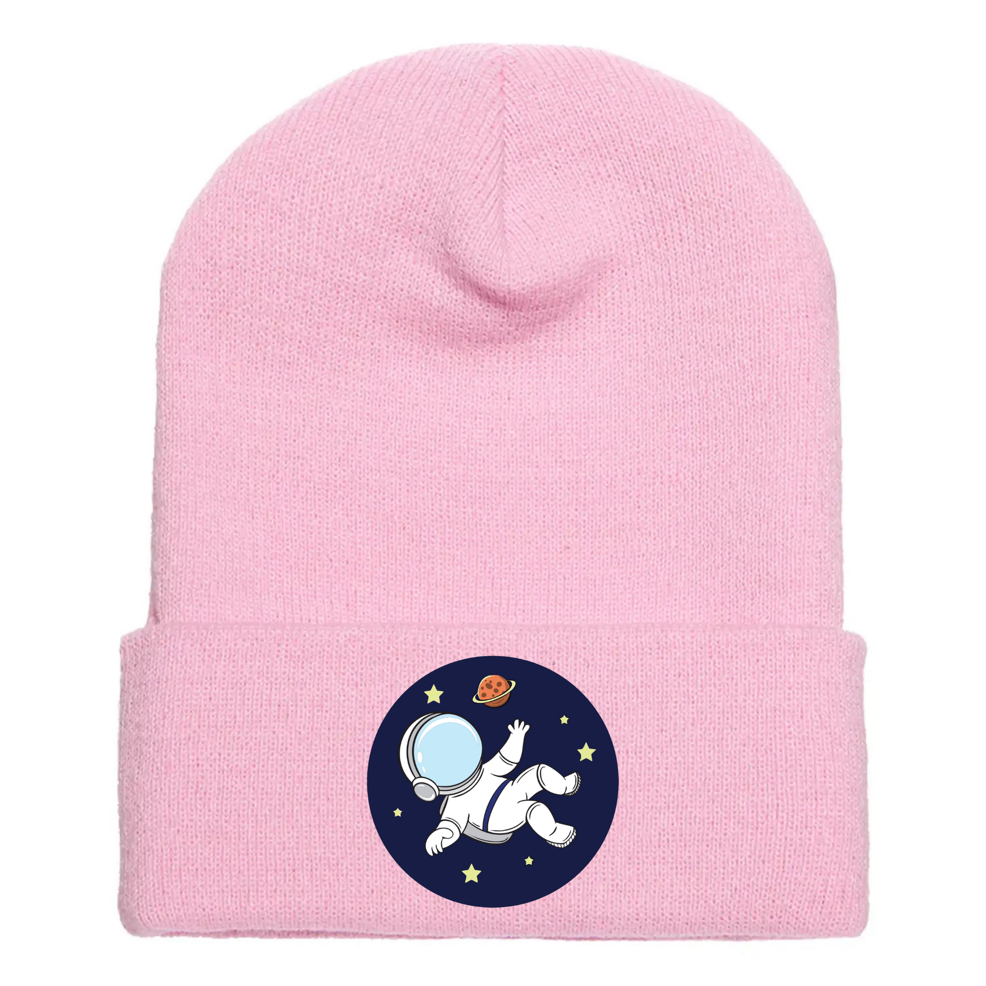 Pink acrylic beanie with a cartoon astronaut floating in space, surrounded by stars and a red planet on a blue circle.