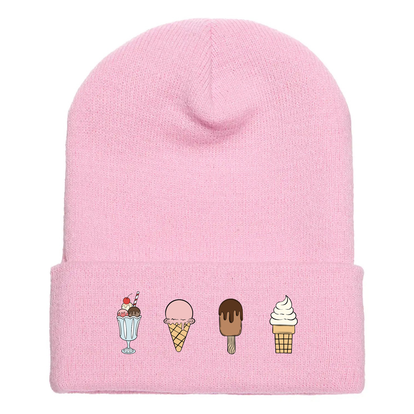 Pink acrylic cuffed beanie with four cartoon ice cream designs: sundae, cone, chocolate bar, and soft serve.