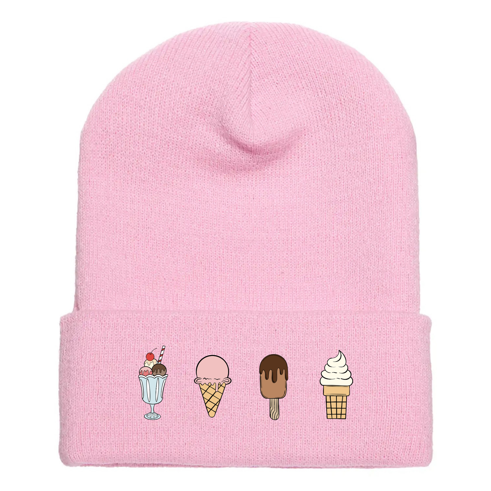 Pink acrylic cuffed beanie with four cartoon ice cream designs: sundae, cone, chocolate bar, and soft serve.