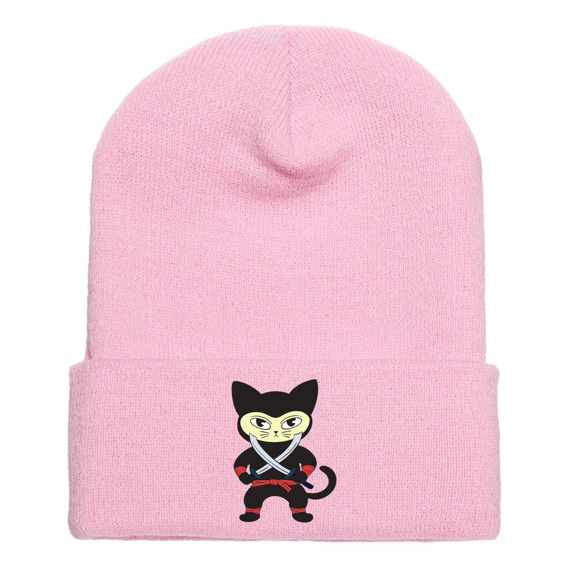 Pink cuffed beanie made of acrylic material with a cartoon cat in a black ninja outfit holding two crossing swords.
