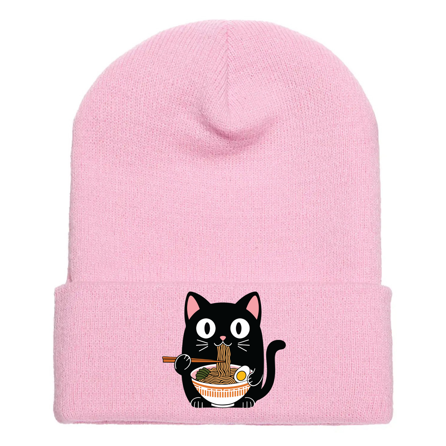 Pink acrylic cuffed beanie with cartoon cat eating a a bowl of ramen.