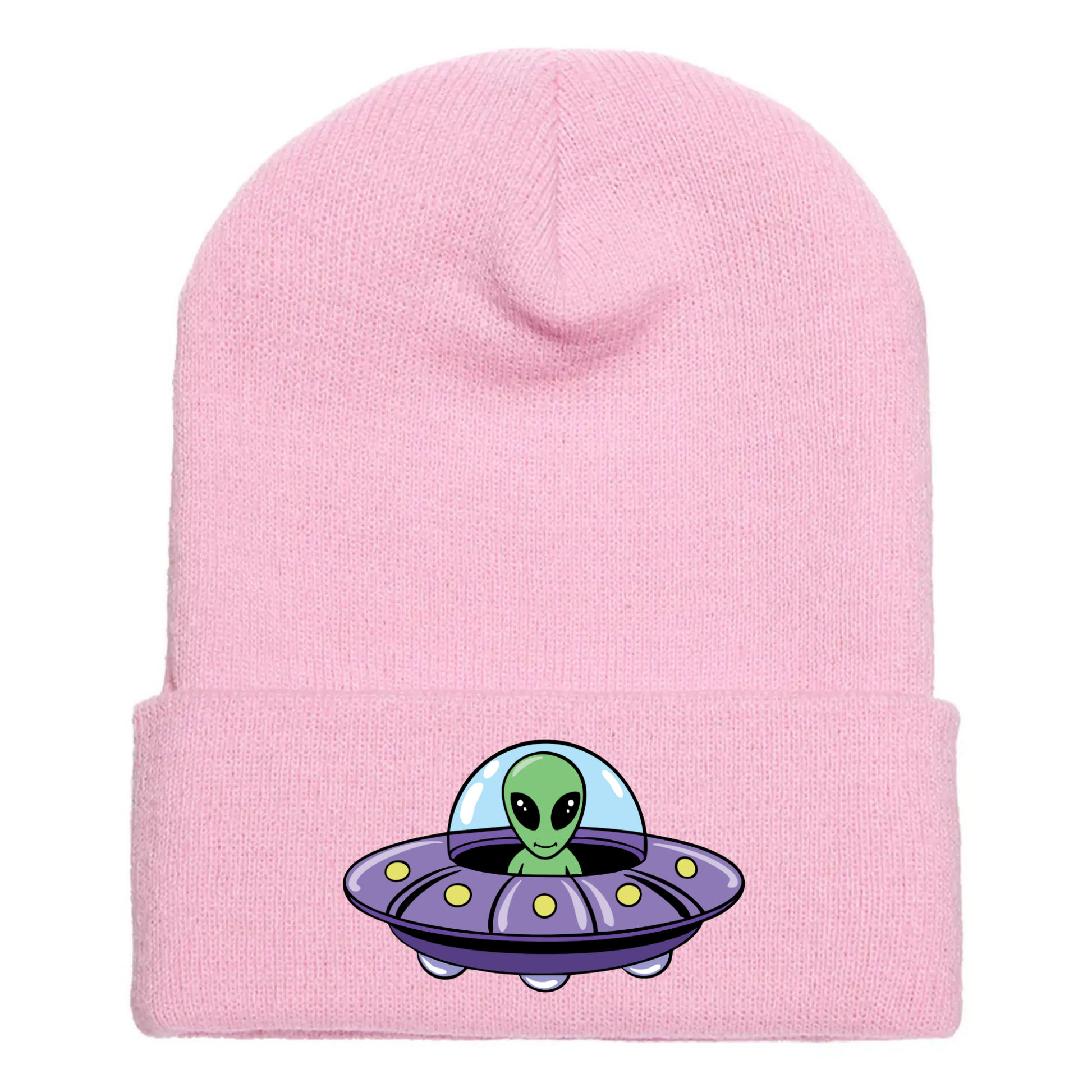 Pink acrylic beanie featuring a cartoon alien inside a purple flying saucer with yellow lights and a blue dome.