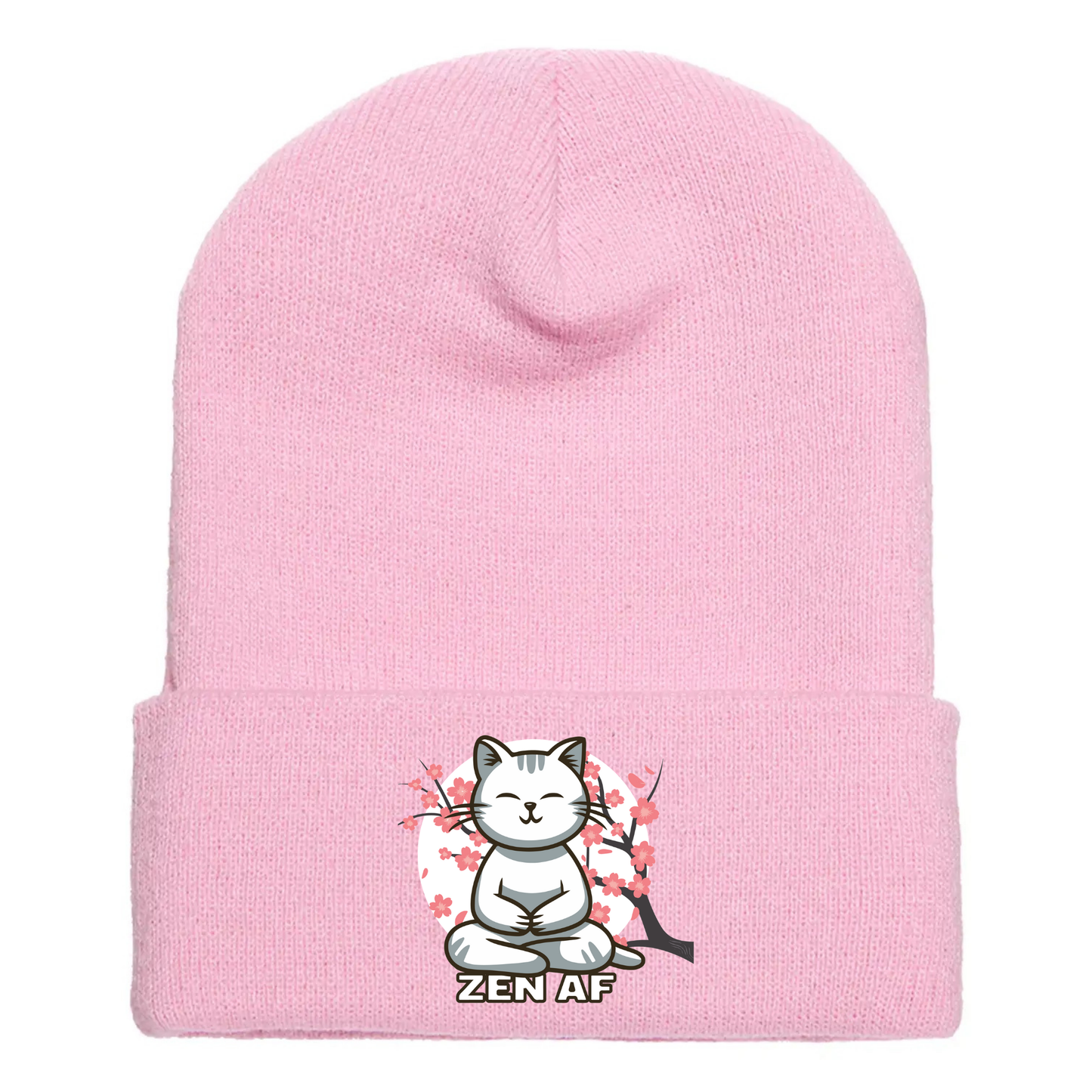 Pink cuffed beanie made of acrylic material with a meditating cartoon cat with cherry blossoms and the phrase “ZEN AF” below