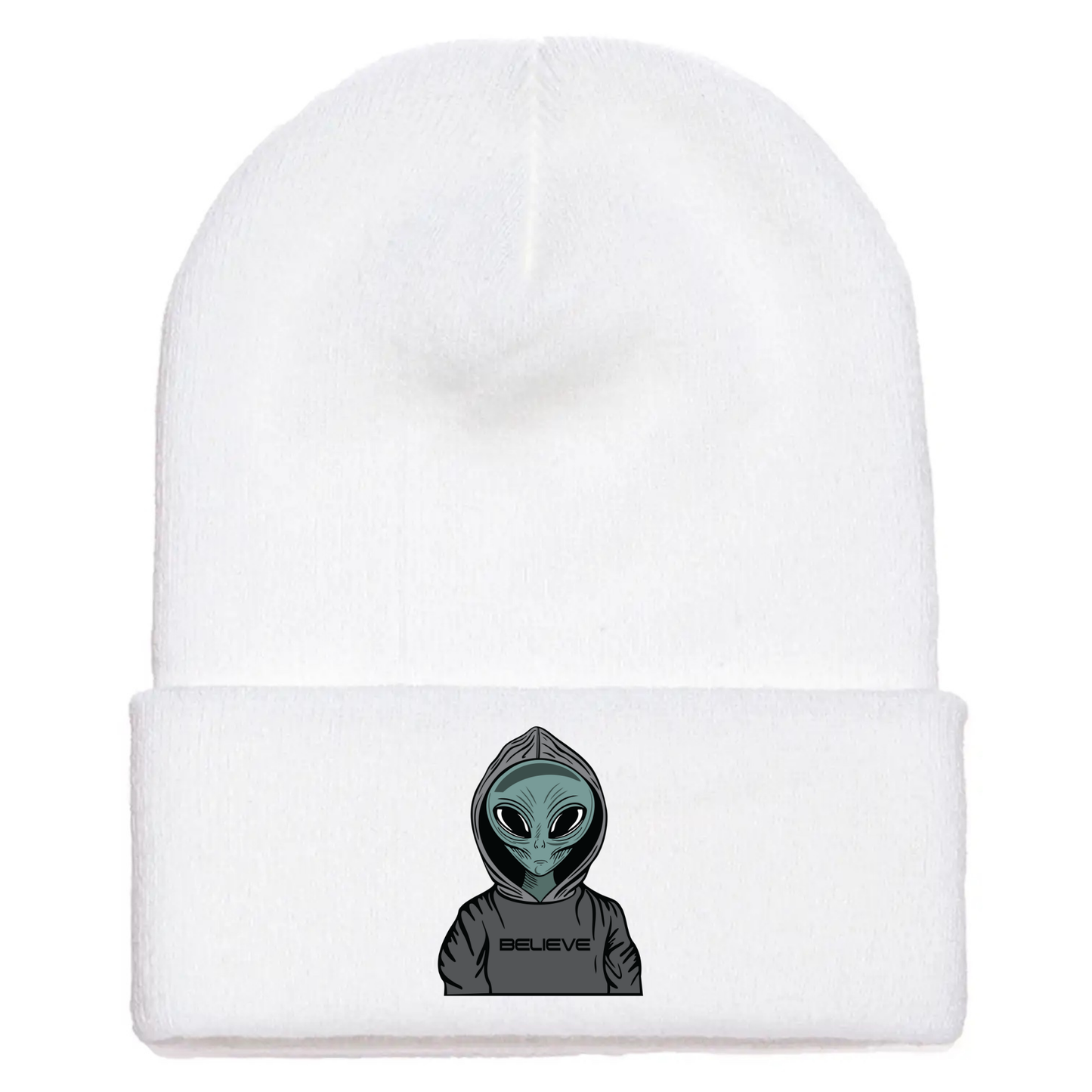 White acrylic beanie featuring a serious cartoon alien in a gray hoodie with the word “BELIEVE” printed across the front.