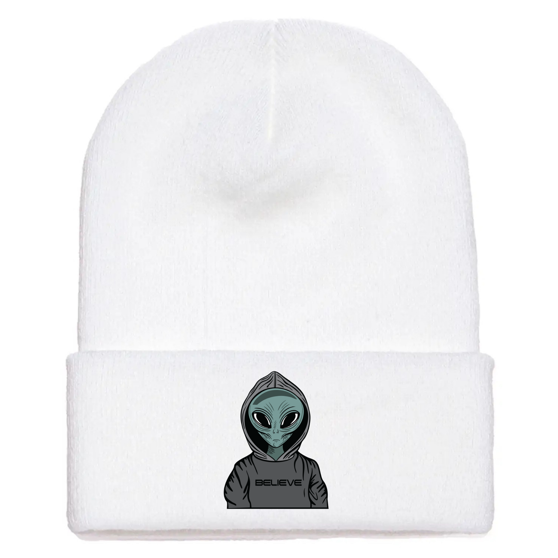 White acrylic beanie featuring a serious cartoon alien in a gray hoodie with the word “BELIEVE” printed across the front.