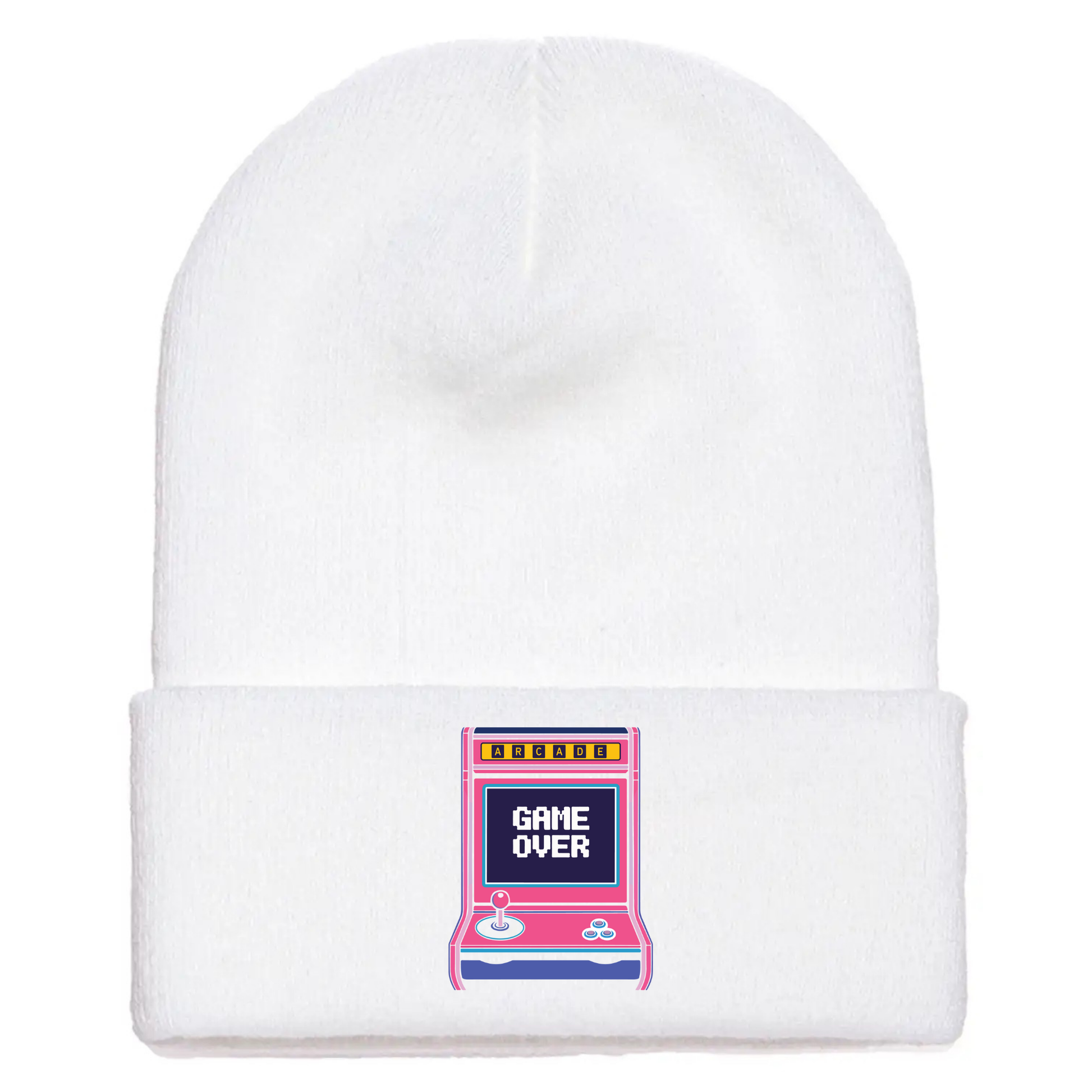 White cuffed beanie made of acrylic material with a retro arcade game console with the phrase “Game Over” on the screen.